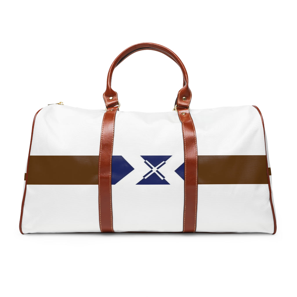 Classic Striped Waterproof Travel Bag — Durable Weekender Duffle with Navy Emblem