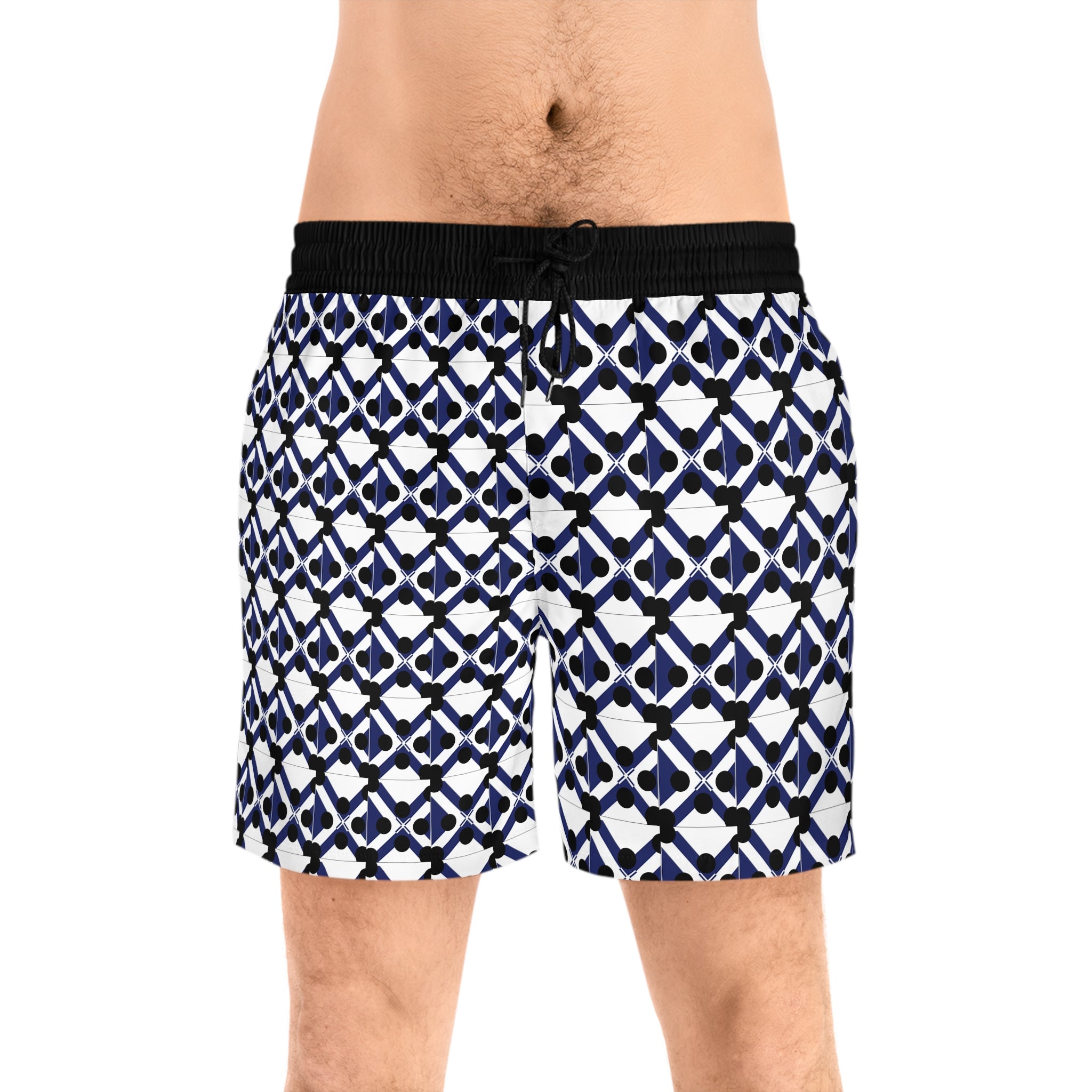 Men's Geometric Navy Lattice Swim Shorts — Mid-Length Beach Trunks