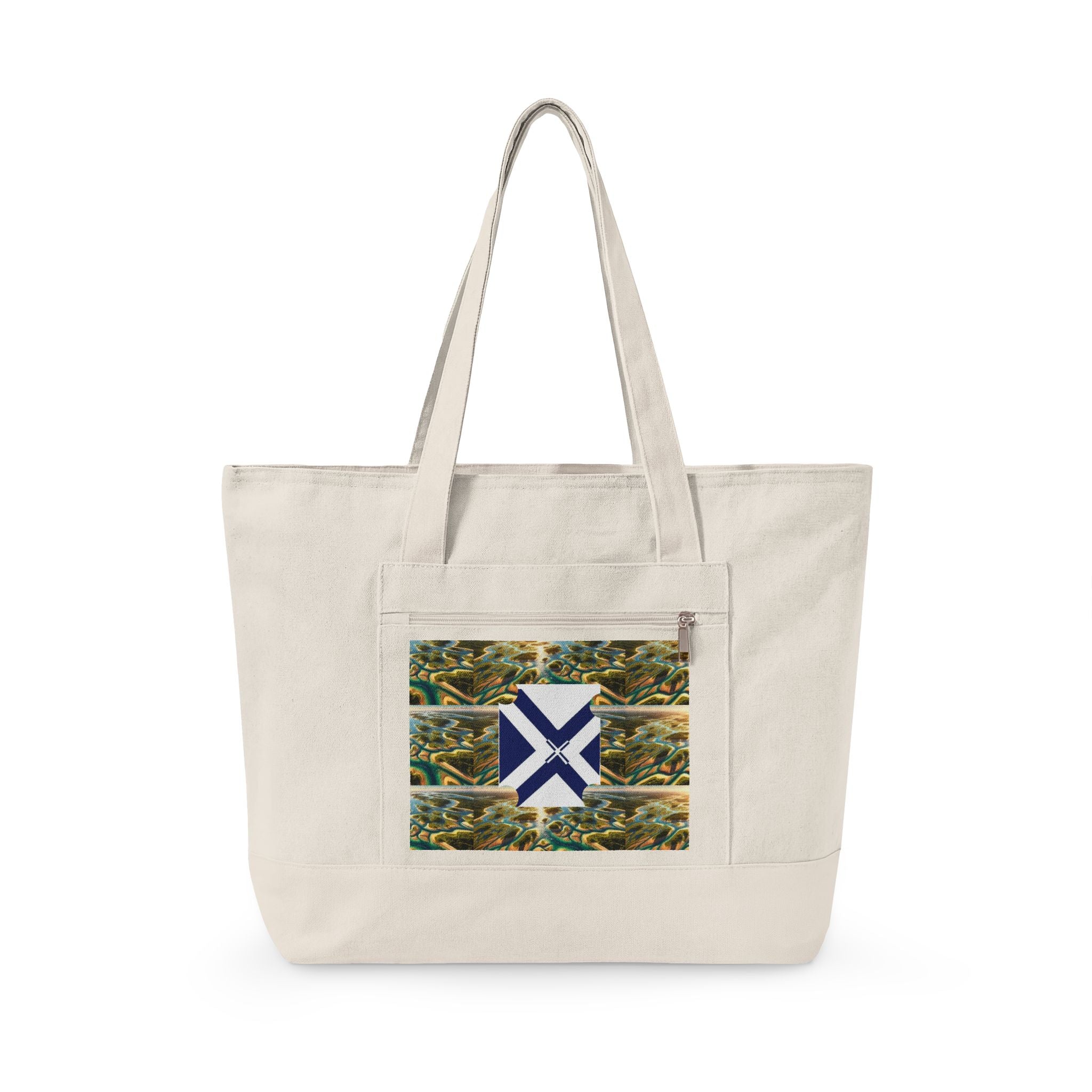 Canvas Tote Bag — Rustic Pine Forest Patch with Navy Saltire