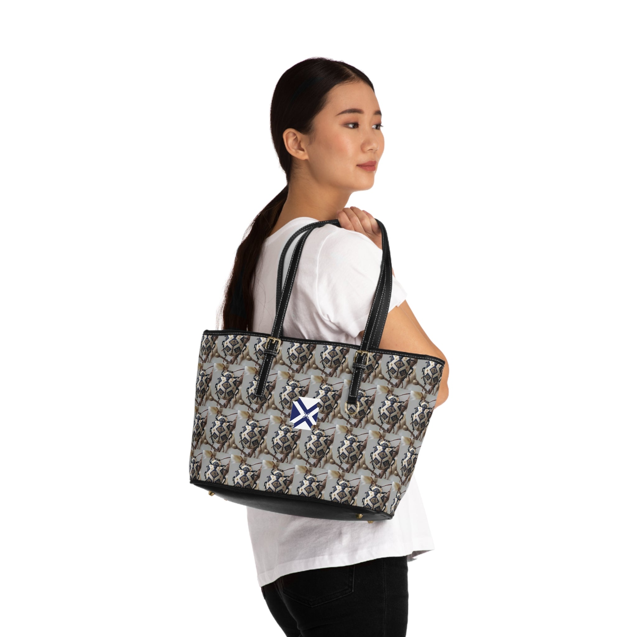 Shoulder Bag - Neutral Geometric Pattern PU Leather Tote