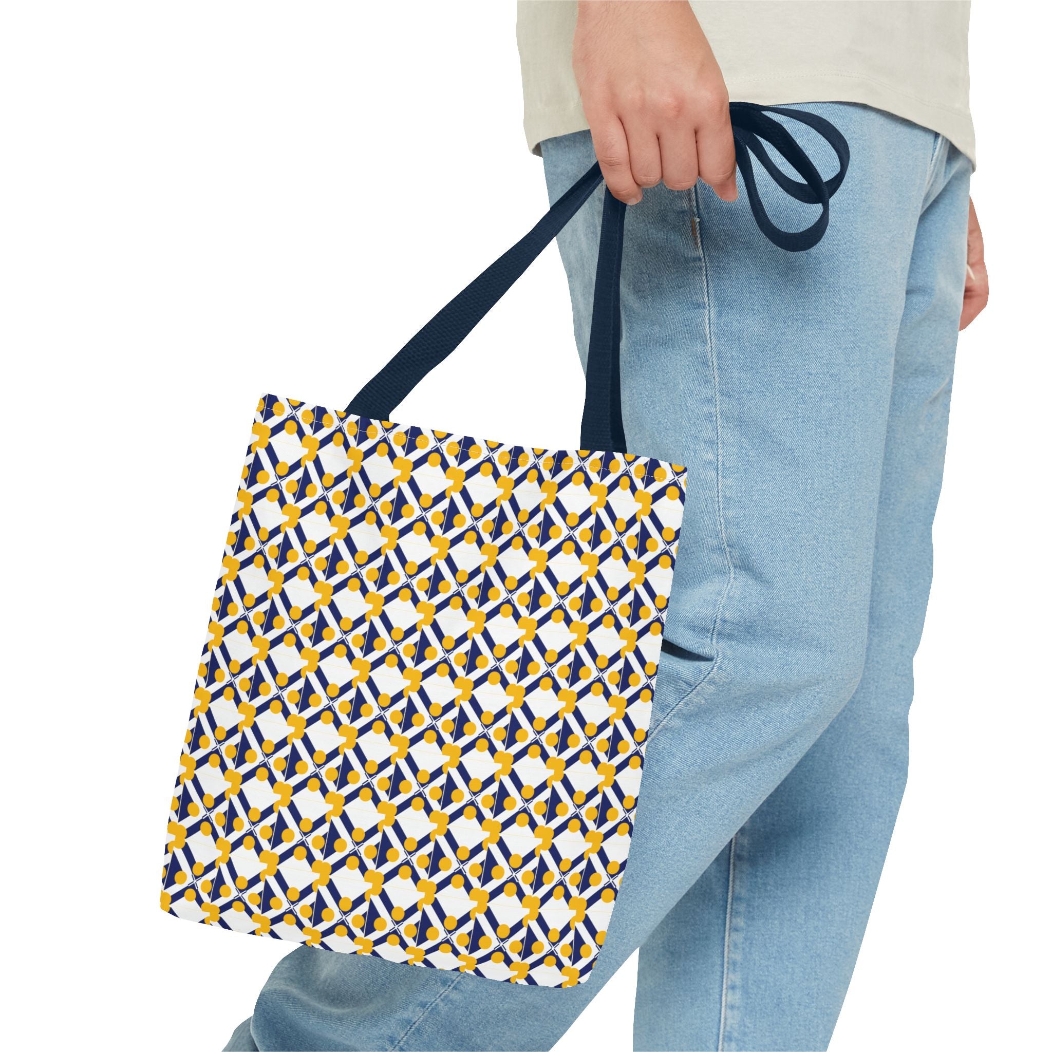 Geometric Mosaic Tote Bag — Yellow & Navy Patterned All-Over Print