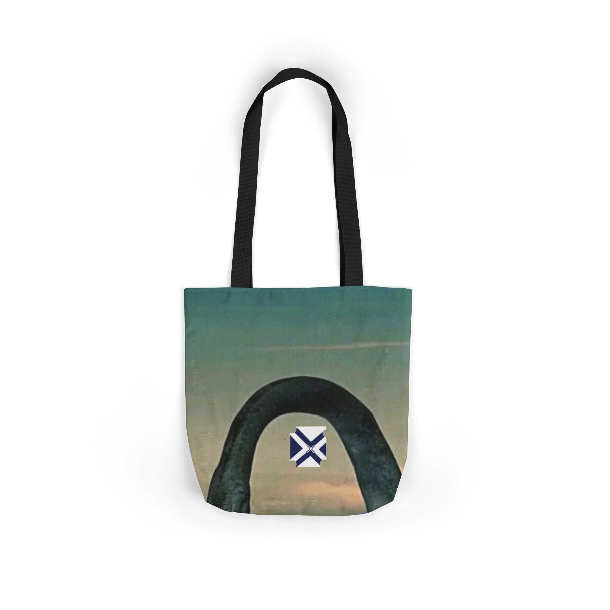 Scenic Arch Tote Bag — Coastal Sunset Canvas Tote with Nautical Emblem