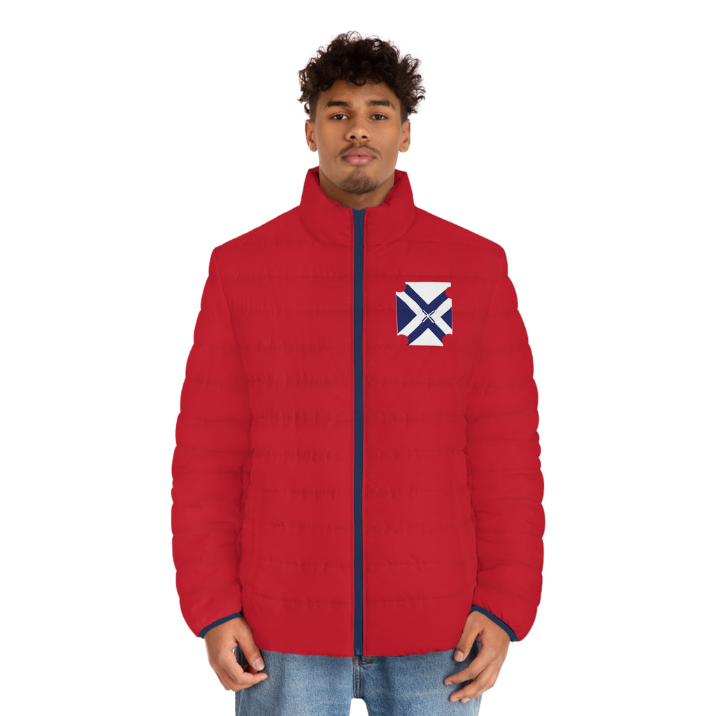 XT7 Men's Red Puffer Jacket with Navy Cross Patch - Insulated Outdoor Coat