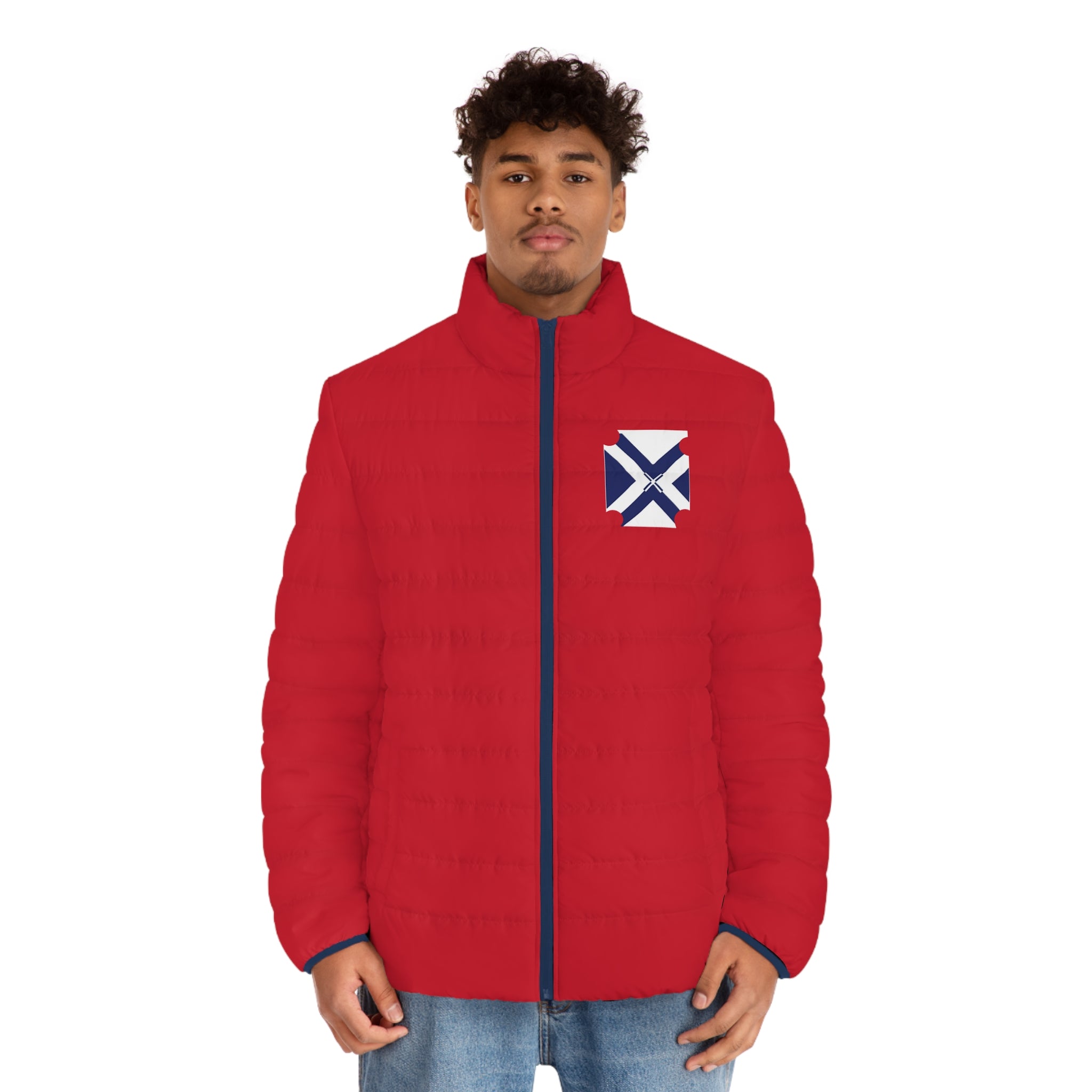 XT7 Men's Red Puffer Jacket with Navy Cross Patch - Insulated Outdoor Coat