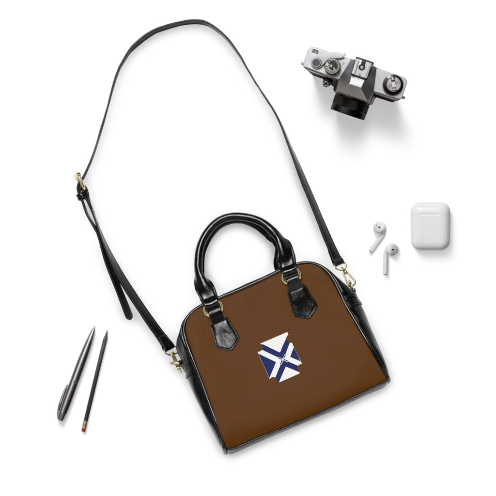 Brown Shoulder Handbag with Blue White Cross Emblem