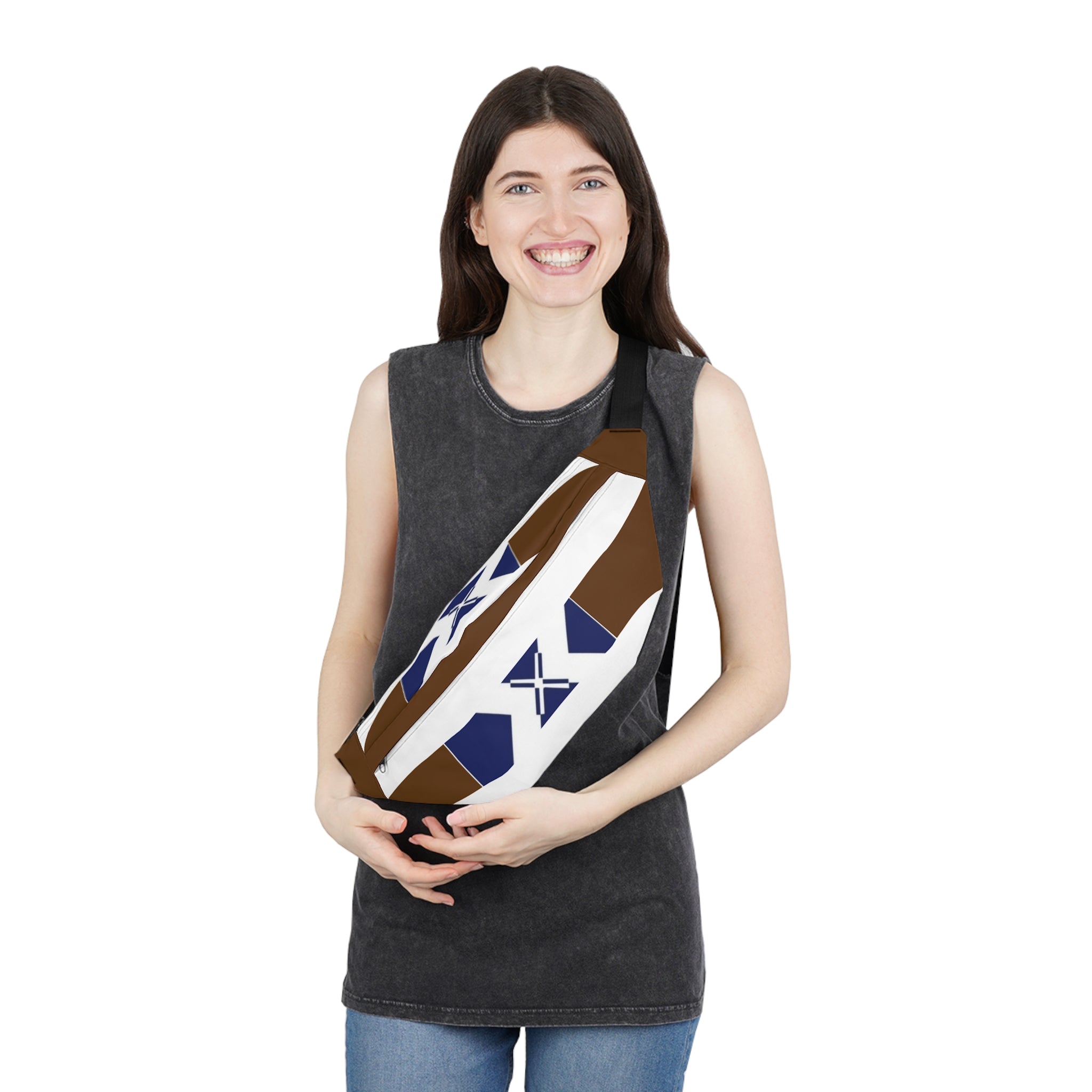 Geometric Brown & Navy Cross Pattern Large Fanny Pack