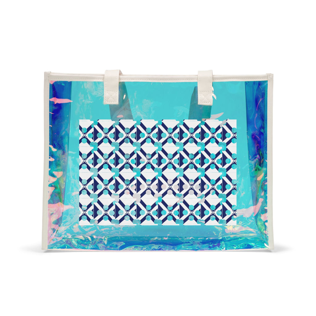 XT9 Holographic Beach Tote Bag — Iridescent Coastal Clear Carryall with Geometric Print