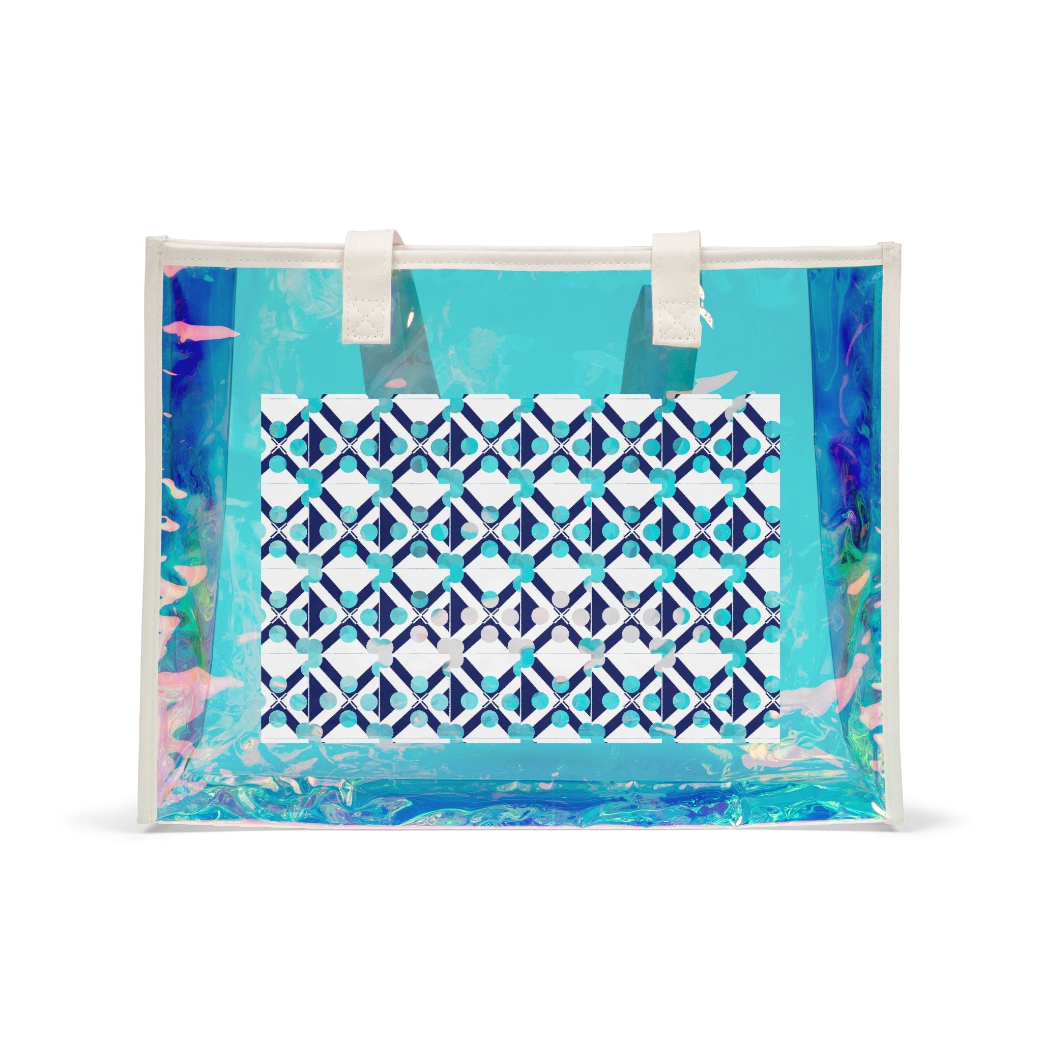 XT9 Holographic Beach Tote Bag — Iridescent Coastal Clear Carryall with Geometric Print