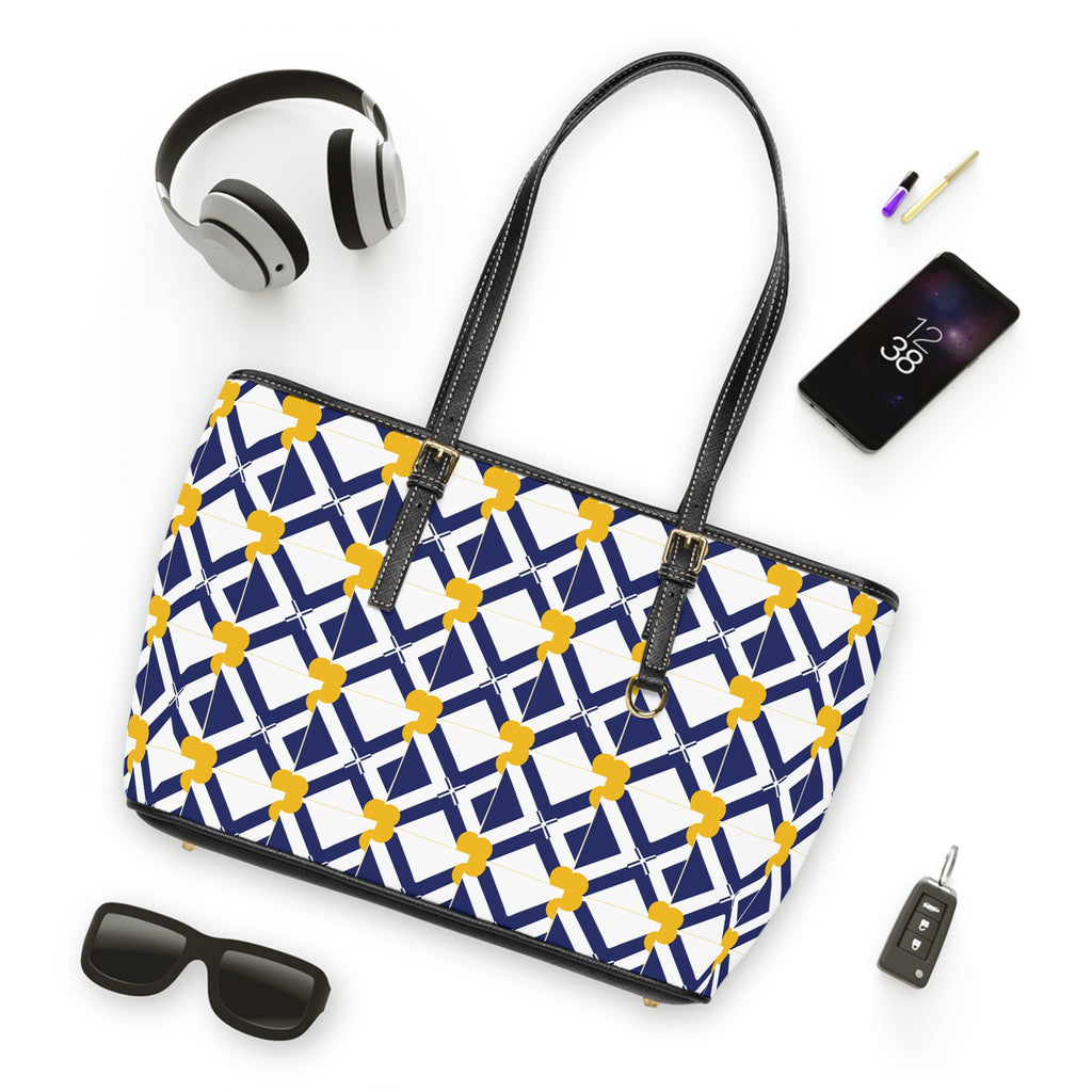 XT8 Leather Shoulder Bag - Navy Geometric Lattice with Yellow Floral Accents Tote