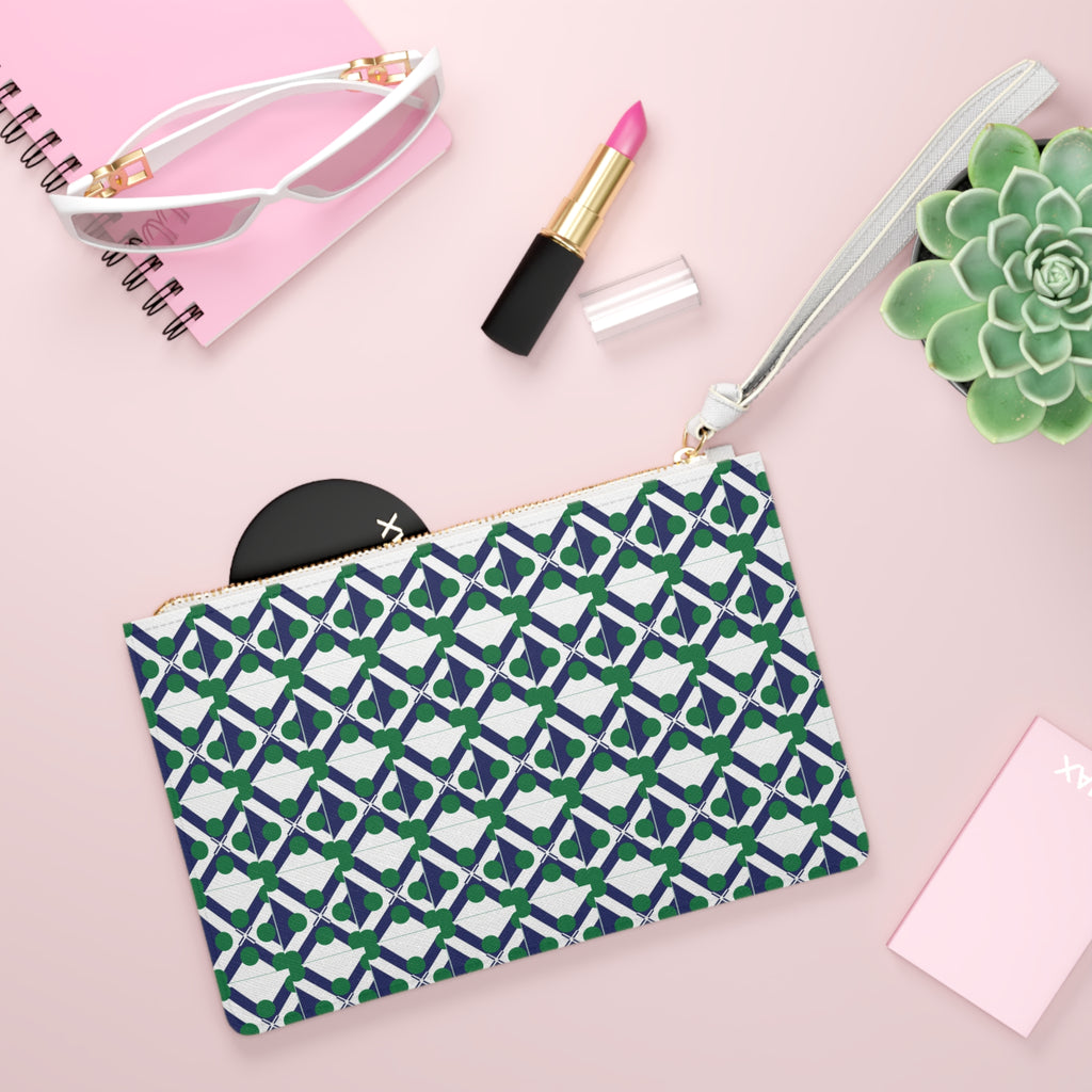 XT9 Navy & Green Pattern Clutch Bag — Modern Tile-Print Wristlet