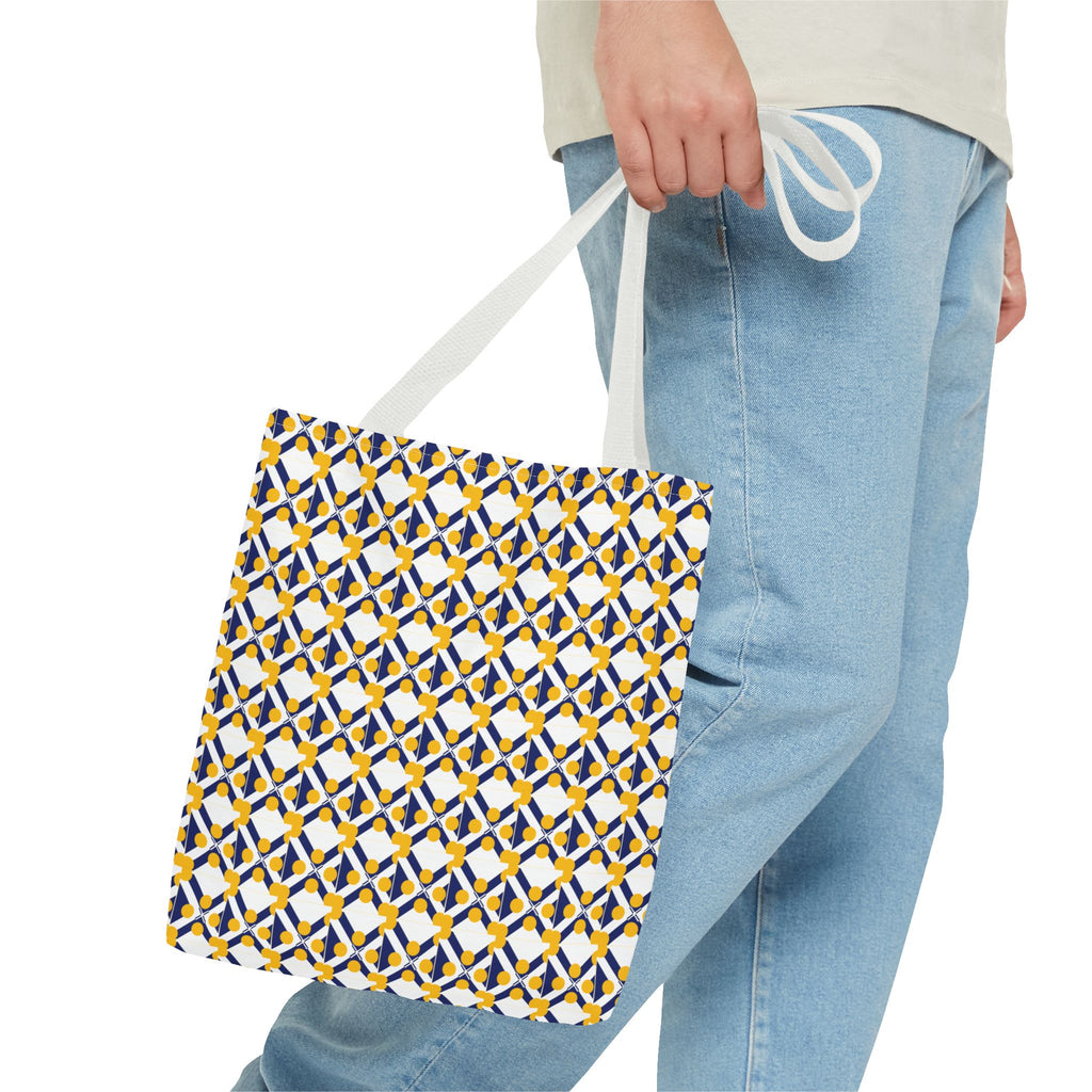 Geometric Mosaic Tote Bag — Yellow & Navy Patterned All-Over Print