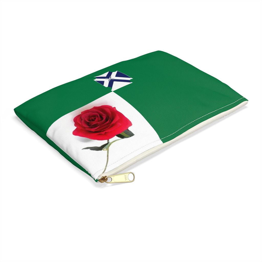 Green Rose Accessory Pouch — Floral Rose Zip Cosmetic Bag with Blue Cross Accent