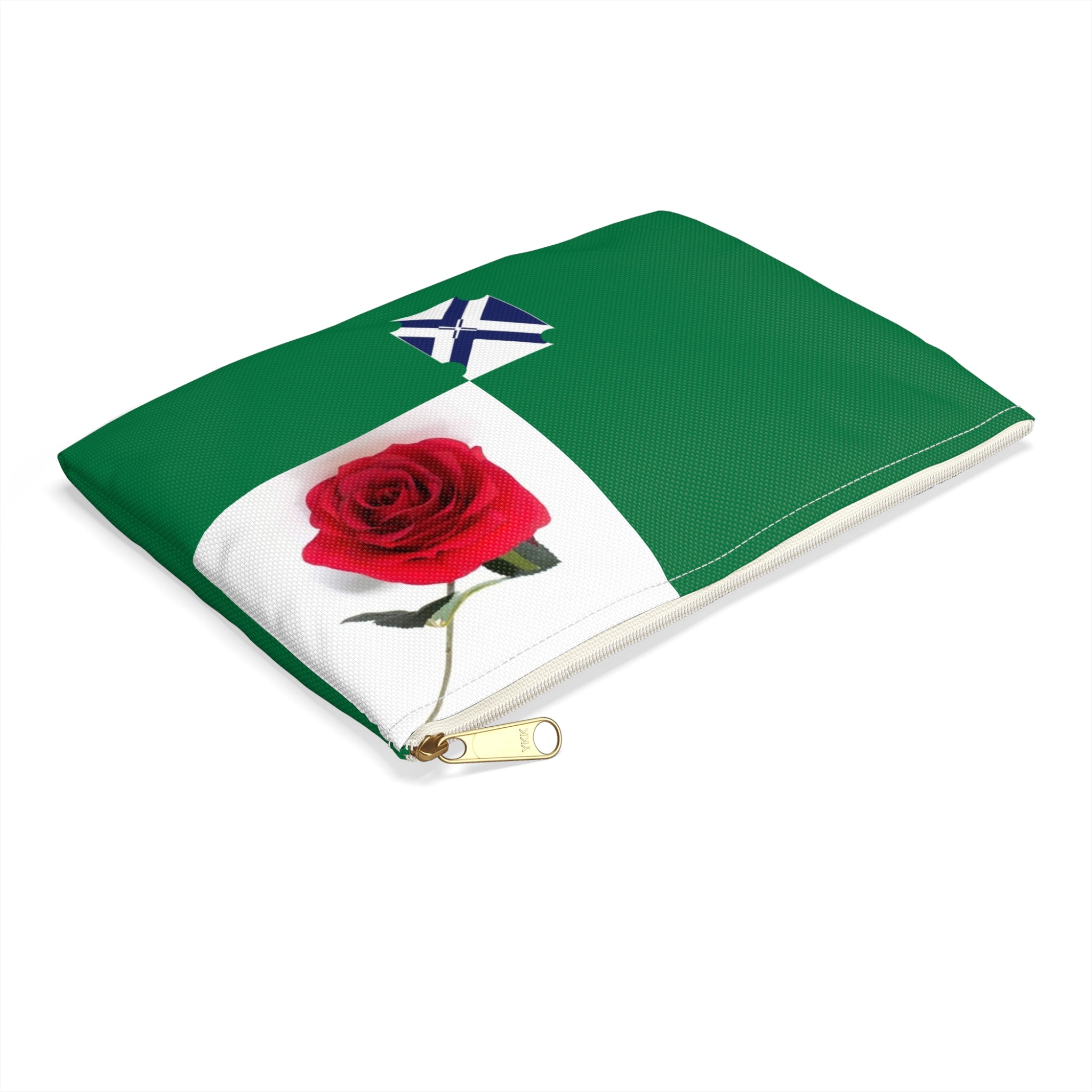 Green Rose Accessory Pouch — Floral Rose Zip Cosmetic Bag with Blue Cross Accent