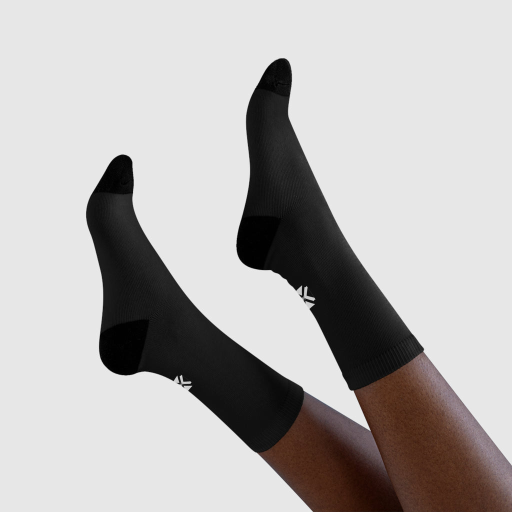Minimalist Black Crew Socks with Small Logo — Sublimated Athletic Socks (EU)