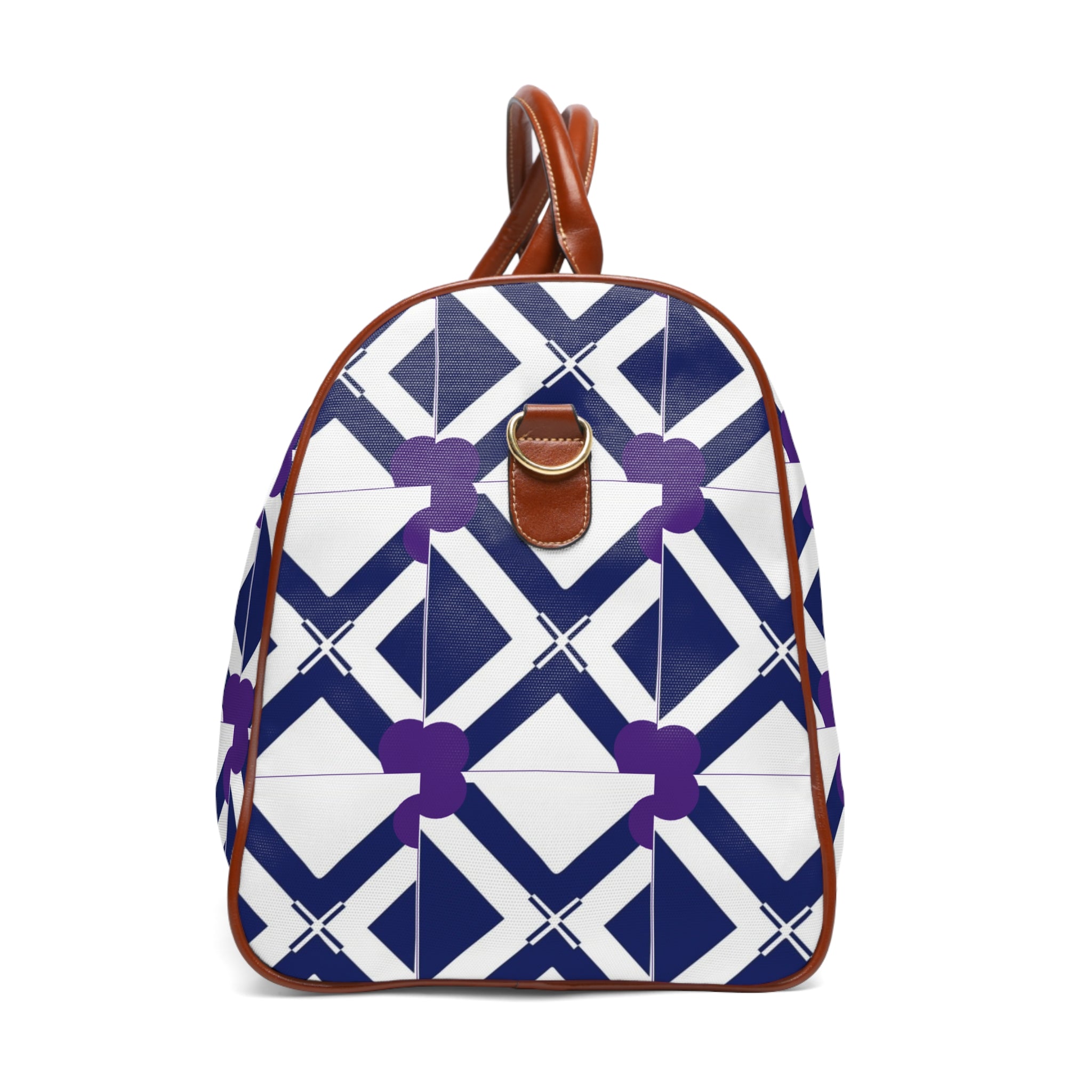 Waterproof Geo-Print Weekender Bag — Navy & Purple Travel Duffle