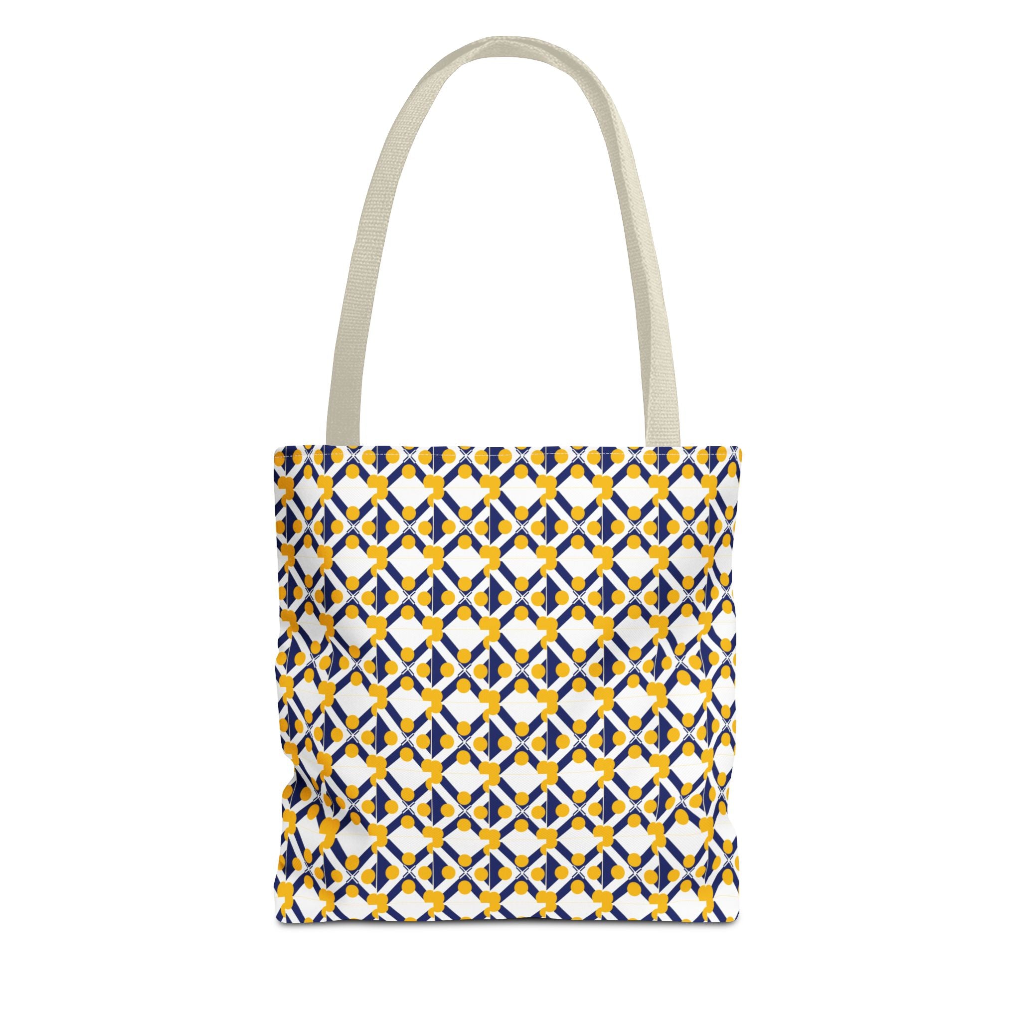 Geometric Mosaic Tote Bag — Yellow & Navy Patterned All-Over Print