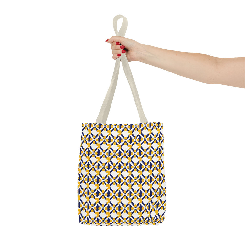 Geometric Mosaic Tote Bag — Yellow & Navy Patterned All-Over Print
