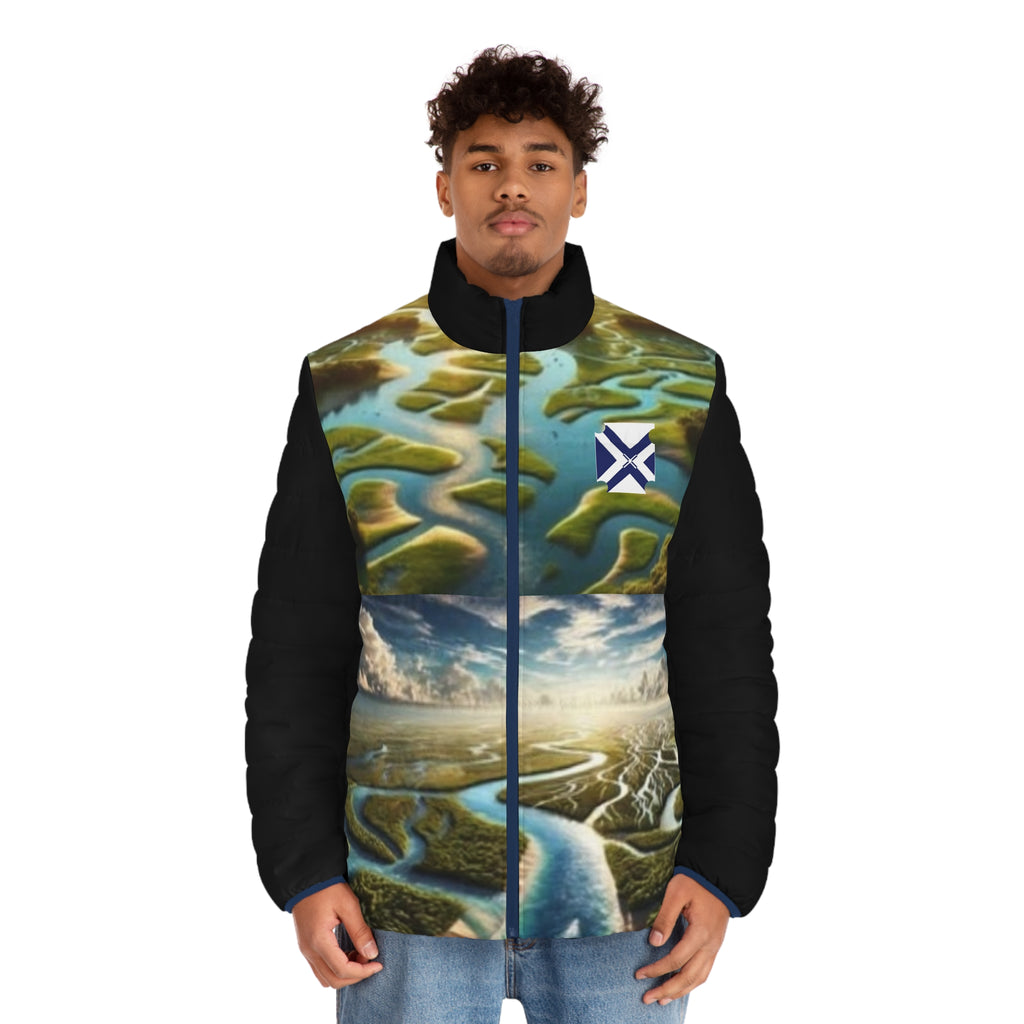 XT River Delta river Puffer Jacket — Scenic Aerial Landscape All-Over