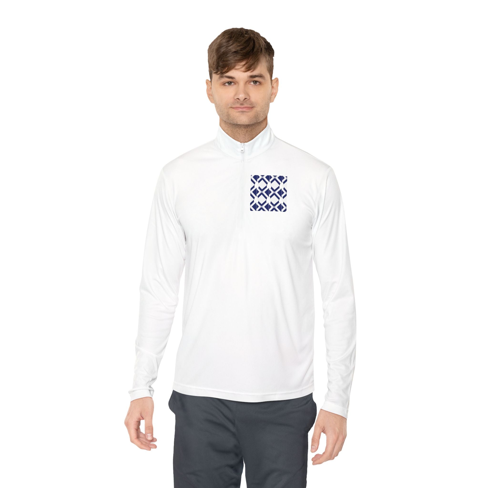 Quarter-Zip Pullover — Navy Geometric Tile Chest Graphic