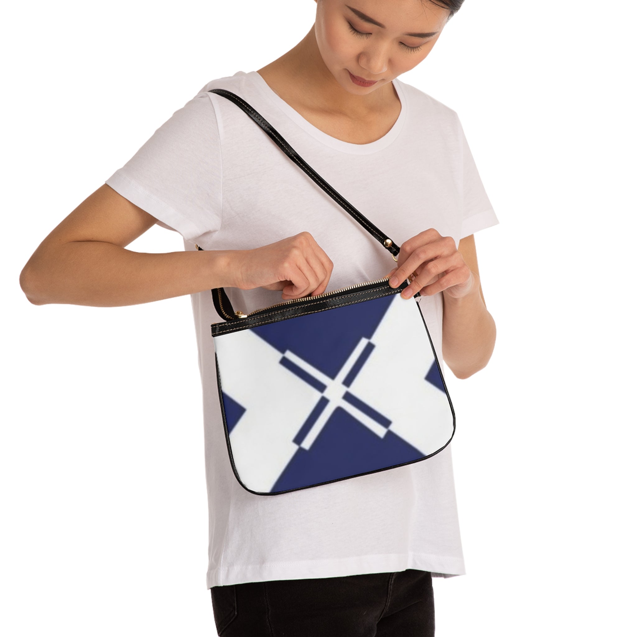 Navy Geo Cross Small Shoulder Bag — Minimalist Everyday Purse