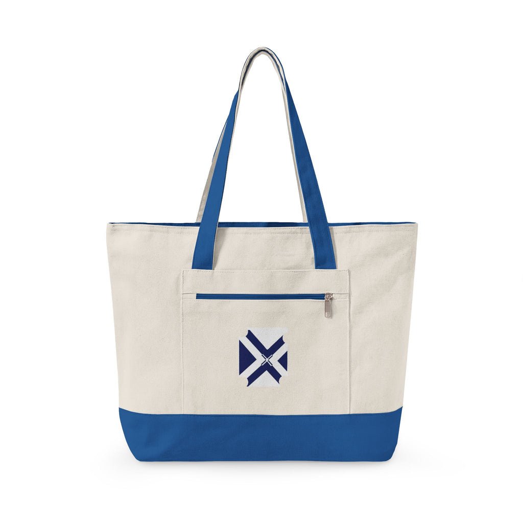 Canvas Tote Bag with Navy Geometric Cross Embroidery — Zippered Everyday Carry