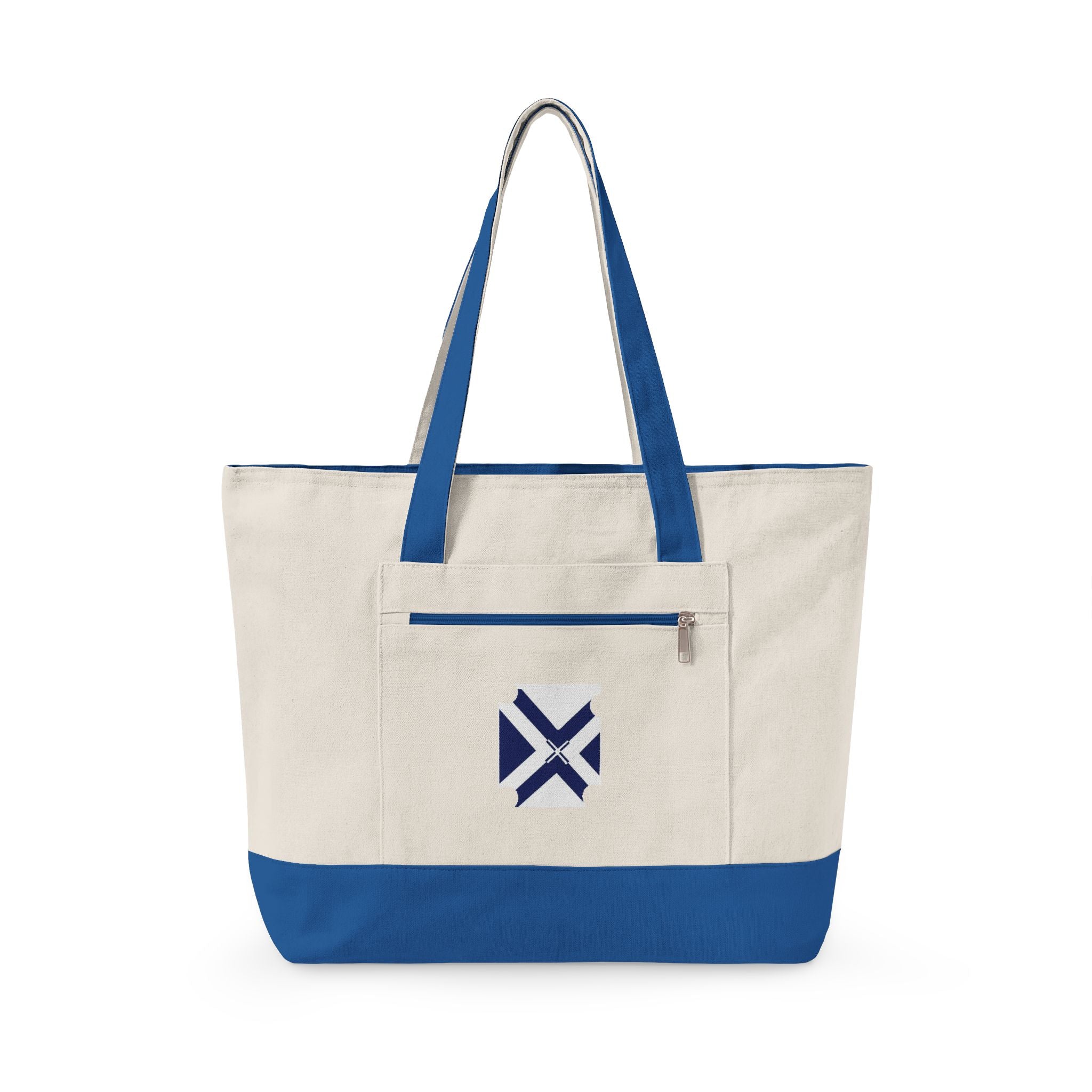 Canvas Tote Bag with Navy Geometric Cross Embroidery — Zippered Everyday Carry