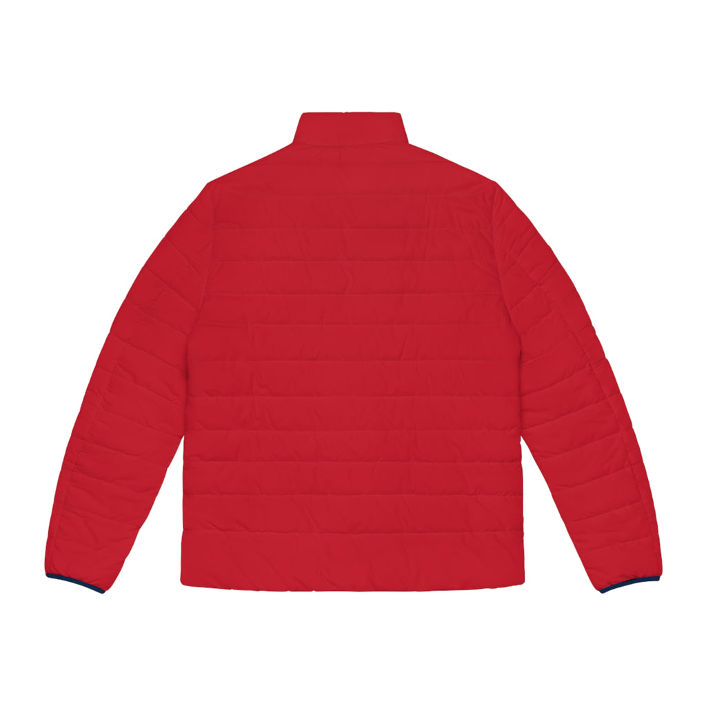 XT7 Men's Red Puffer Jacket with Navy Cross Patch - Insulated Outdoor Coat