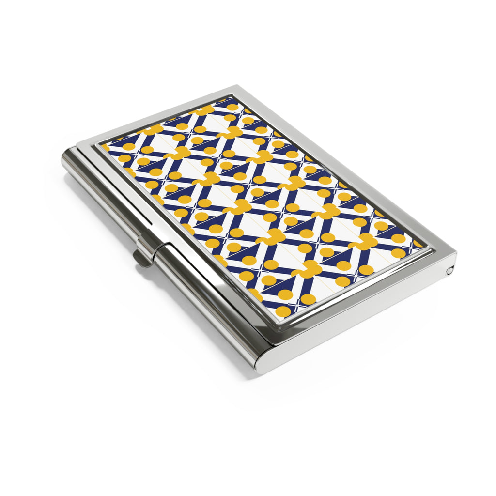 Geometric Mosaic Business Card Holder — Blue & Yellow Tile Pattern