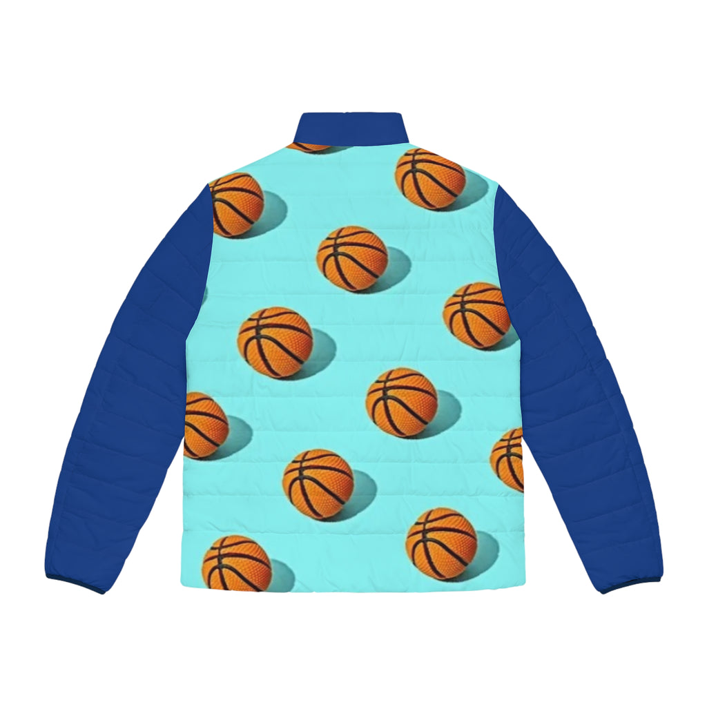 XT Basketball Pattern Puffer Jacket — Men's Aqua Blue All-Over Print