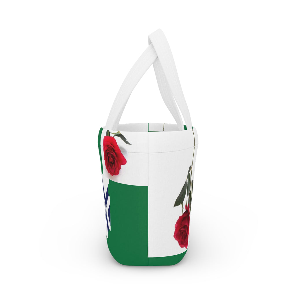 Green Rose Lunch Bag with Nautical Cross Accent — Insulated Floral Tote for Work & School
