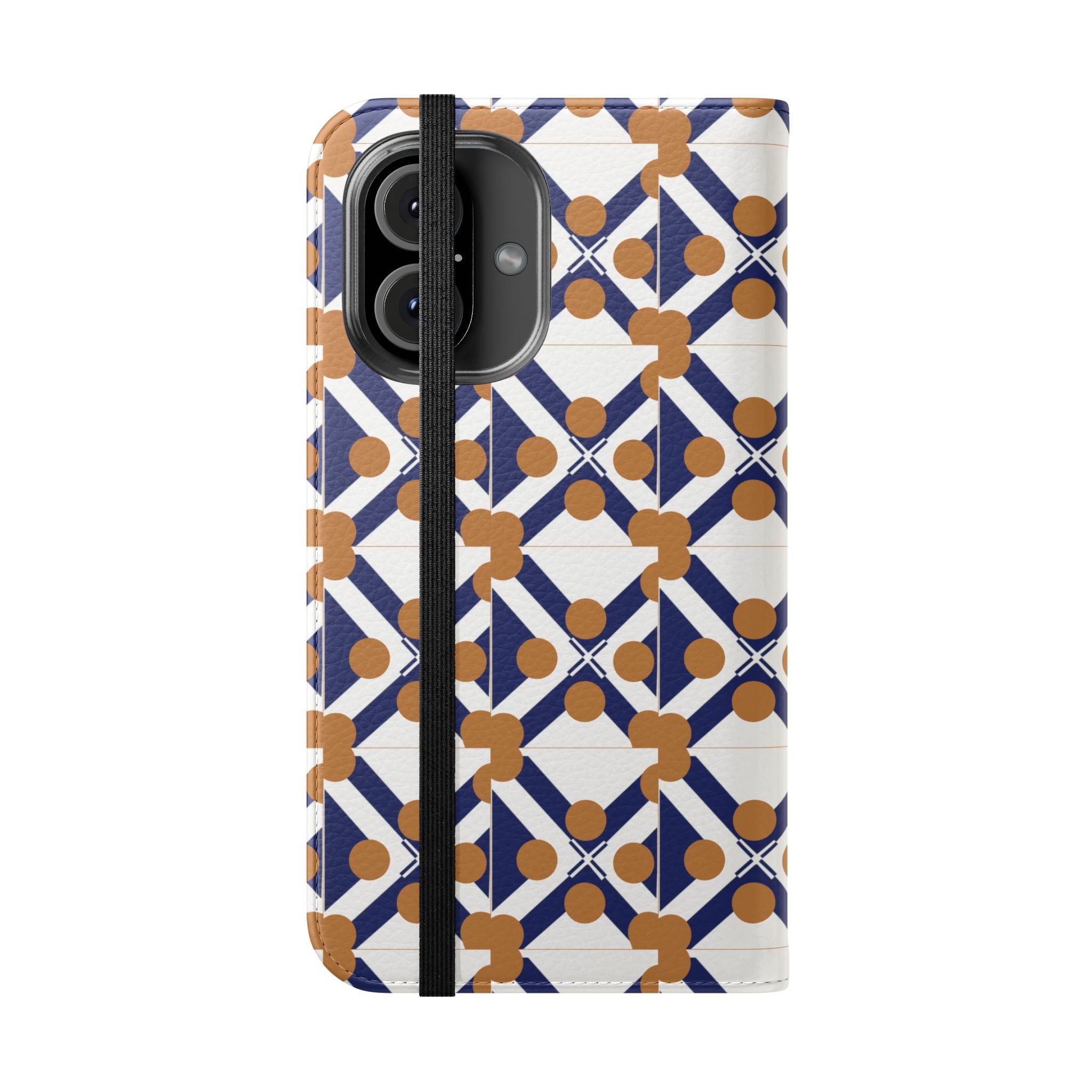 XT7 Tile Flip Phone 16 Case — Navy & Terracotta Pattern Wallet Cover