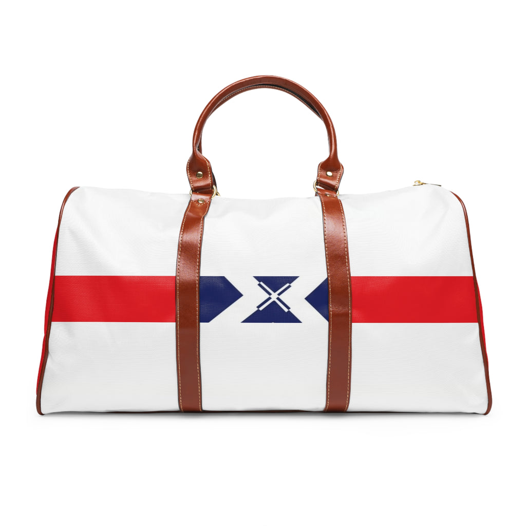 Waterproof Travel Bag — Nautical Red Stripe Weekend Duffle with X Emblem
