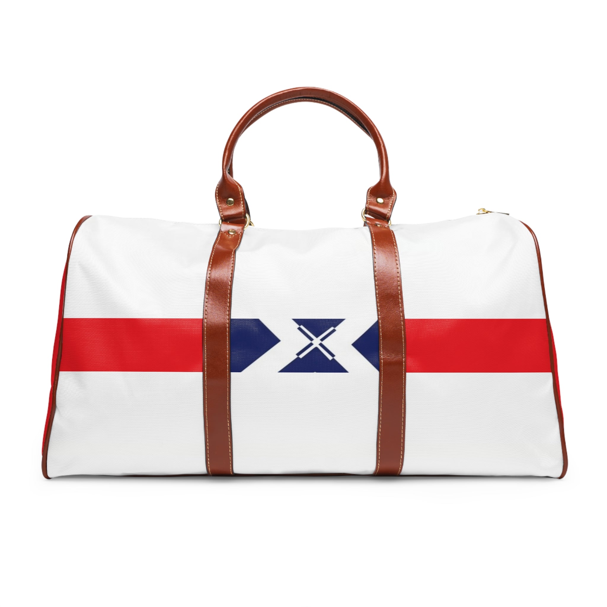 Waterproof Travel Bag — Nautical Red Stripe Weekend Duffle with X Emblem
