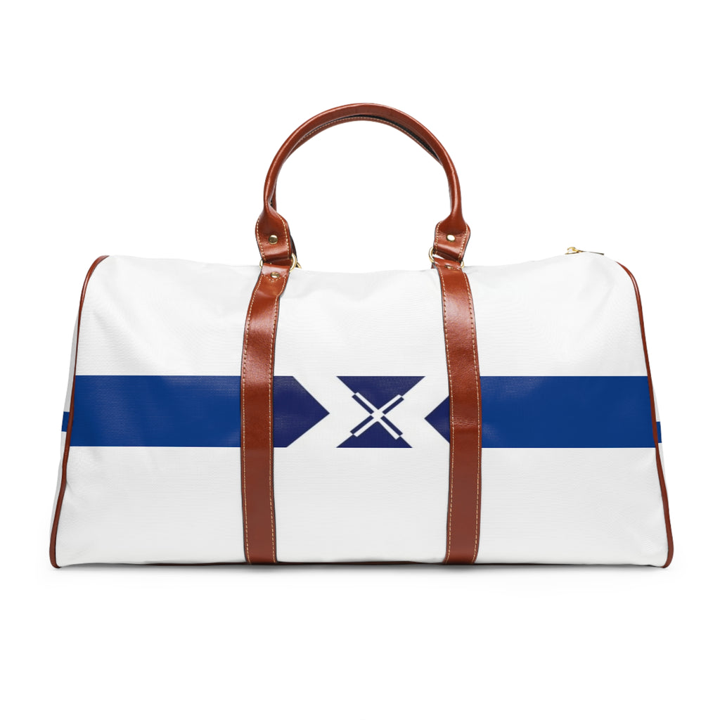Waterproof Travel Bag — Nautical Blue Stripe Duffle with X Emblem