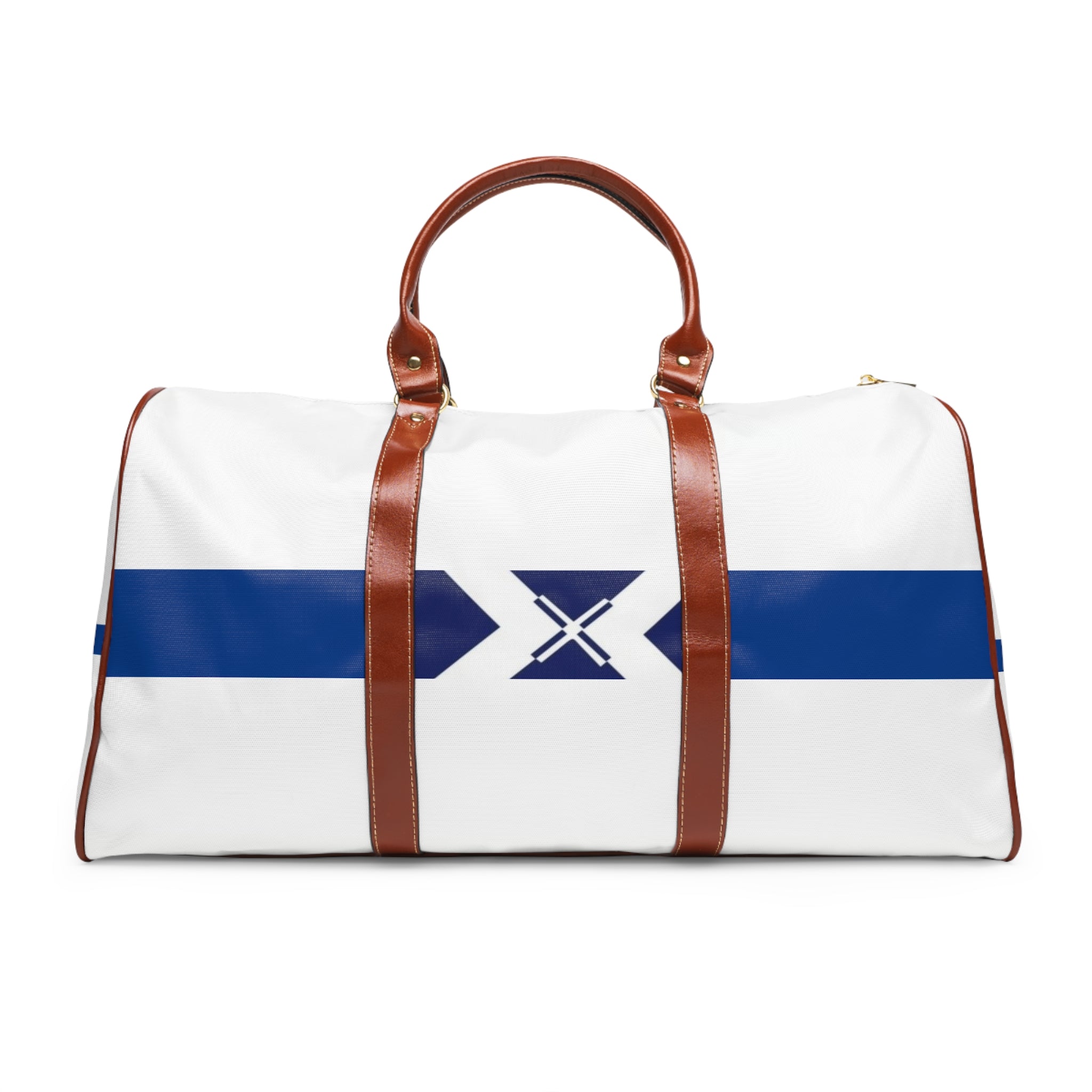 Waterproof Travel Bag — Nautical Blue Stripe Duffle with X Emblem