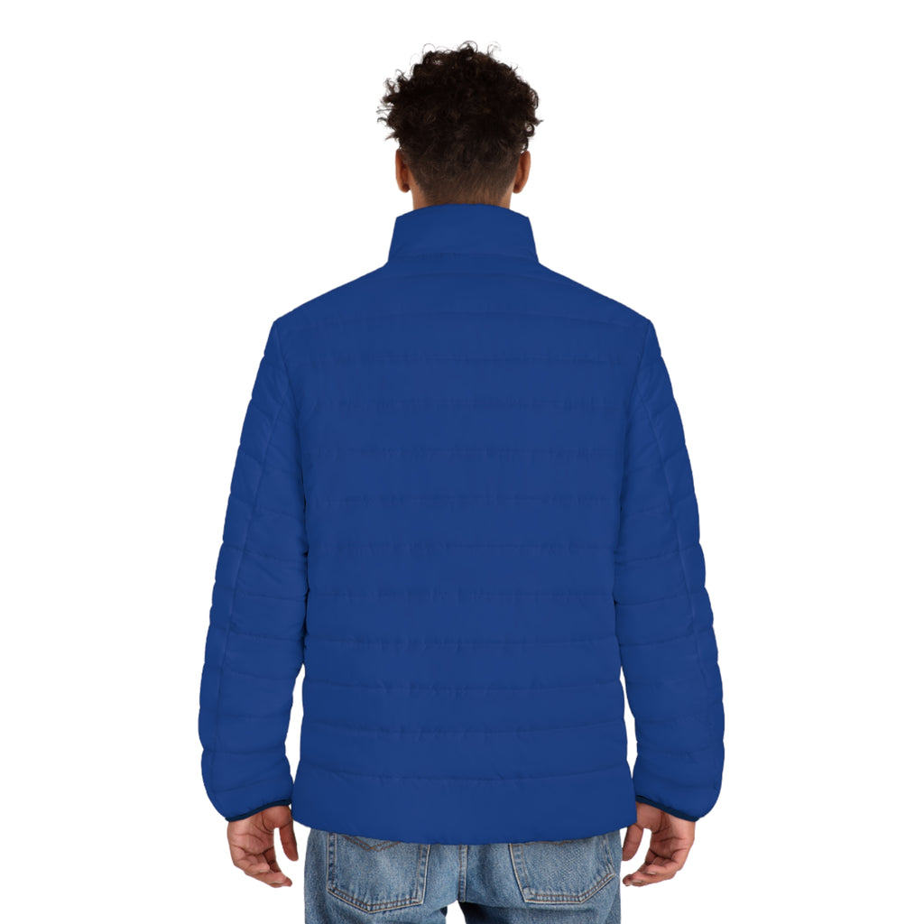 Men's Blue Puffer Jacket with Minimal Geometric Logo — Insulated Winter Coat