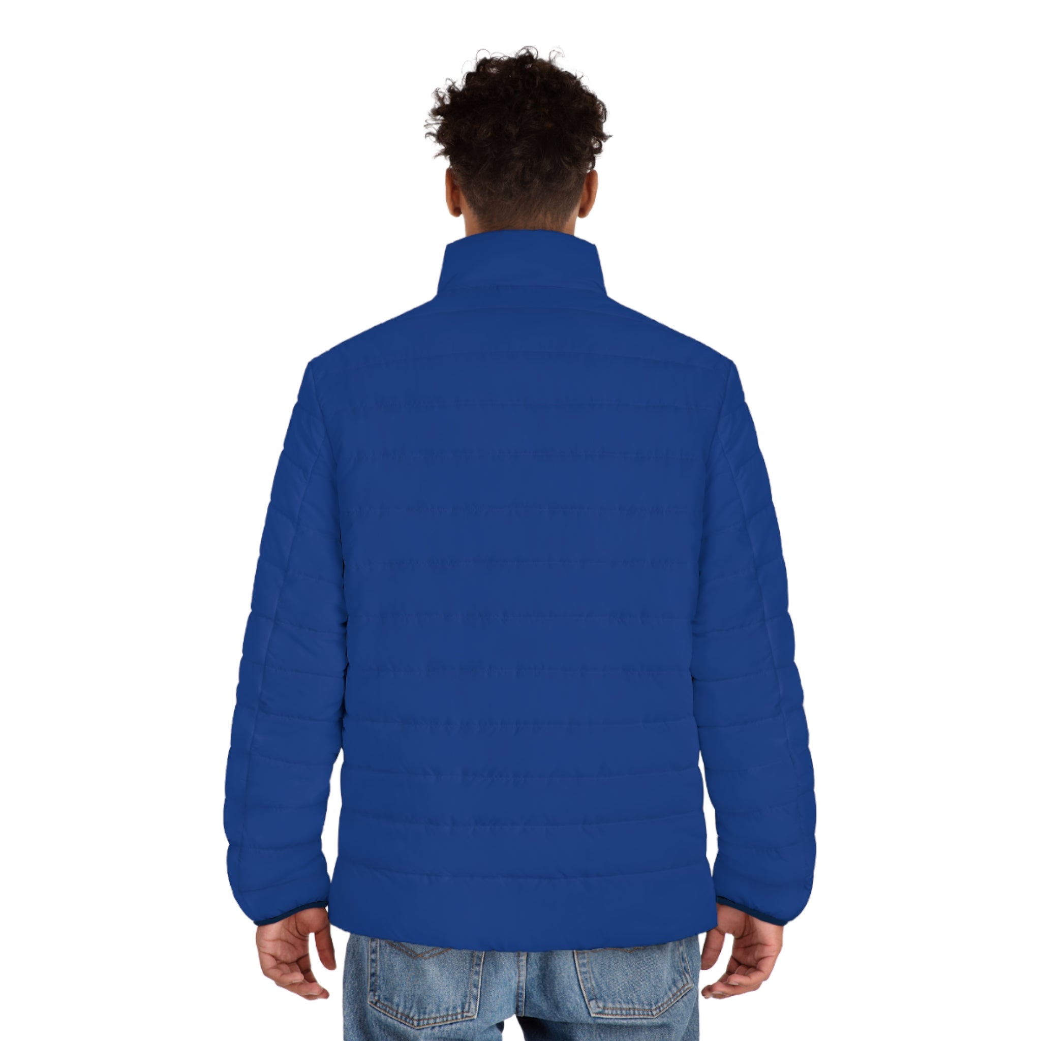 Men's Blue Puffer Jacket with Minimal Geometric Logo — Insulated Winter Coat
