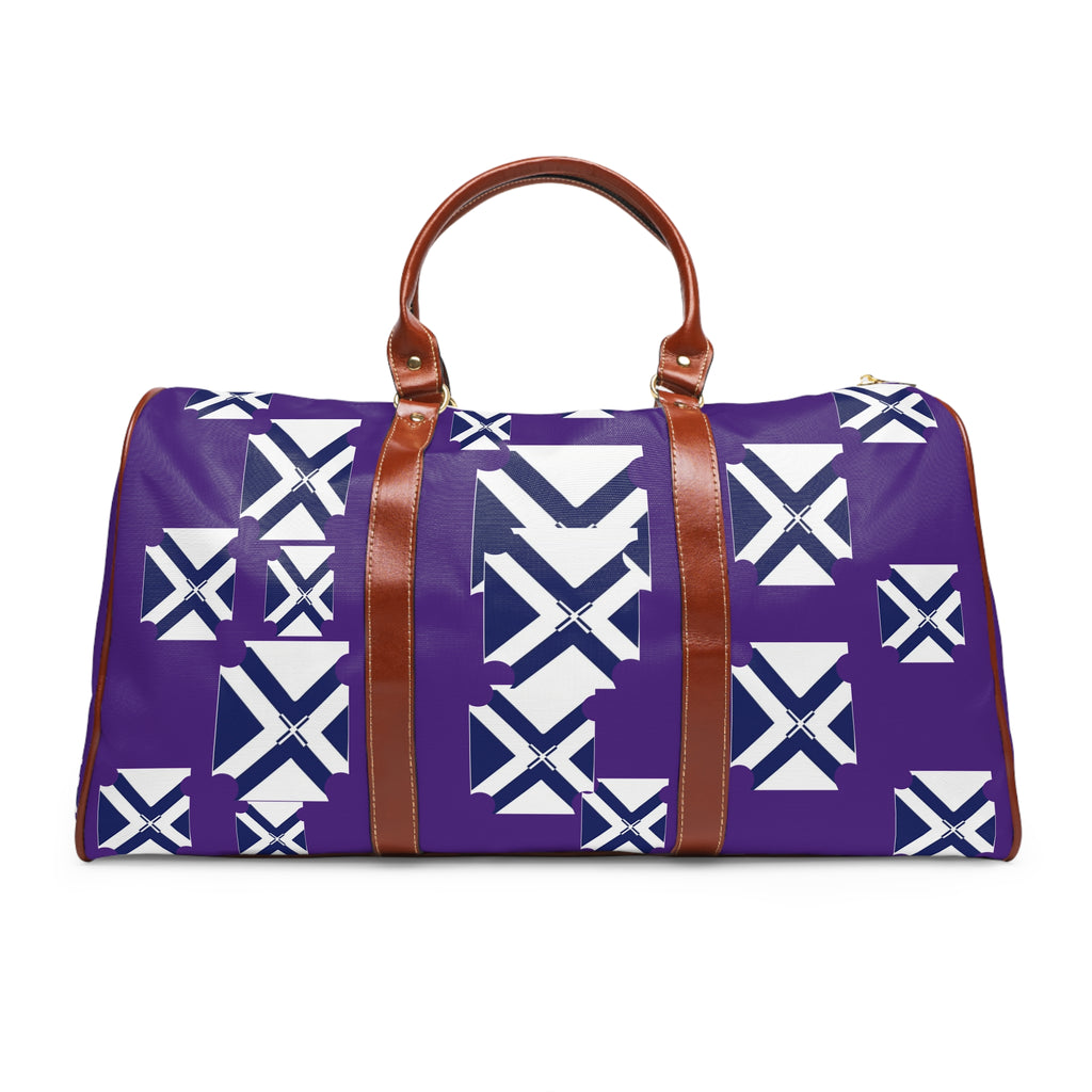 Purple Geometric Waterproof Travel Duffel — Patterned Overnight Bag