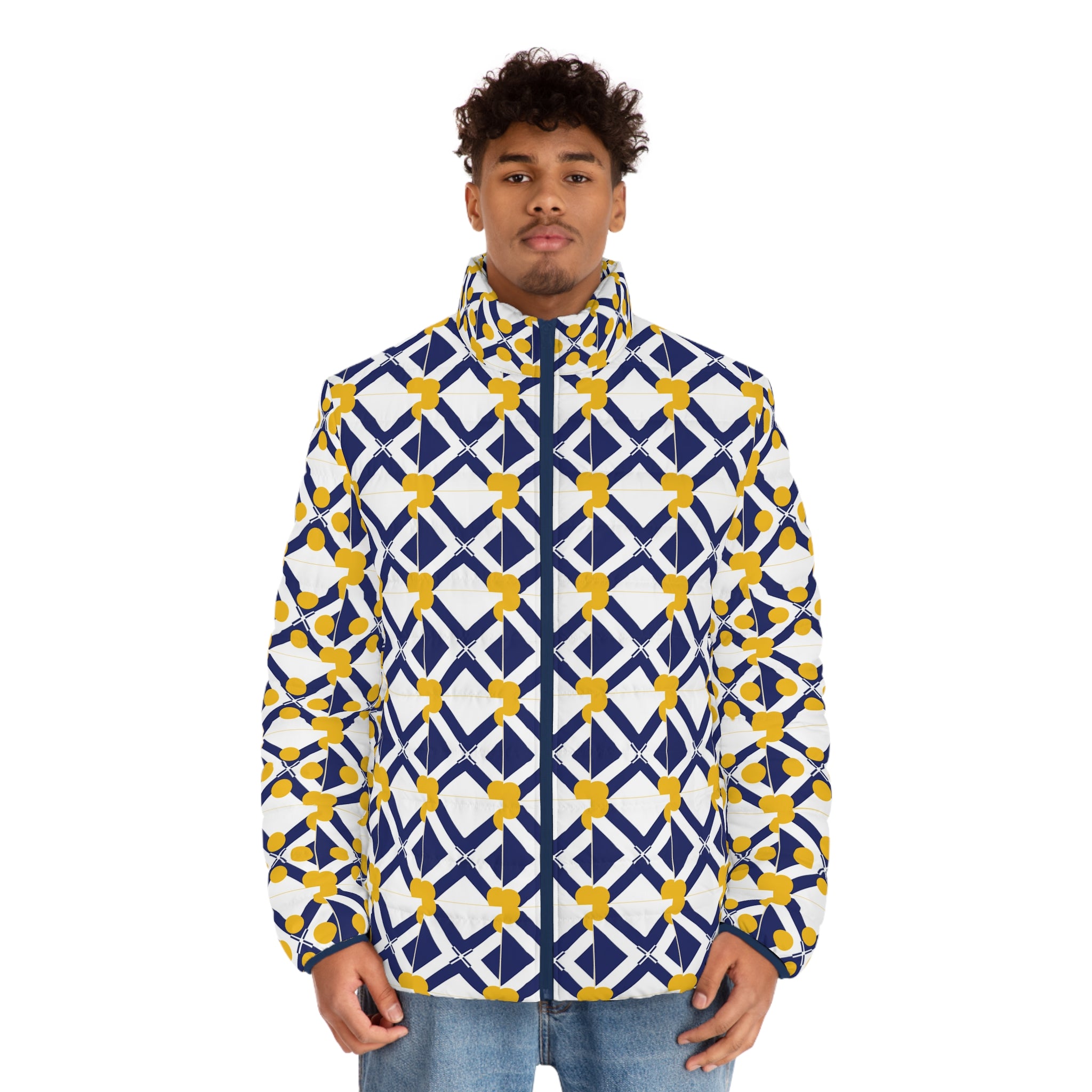 XT8 plus XT9 Puffer Jacket - Geometric Navy & Yellow Tile Print