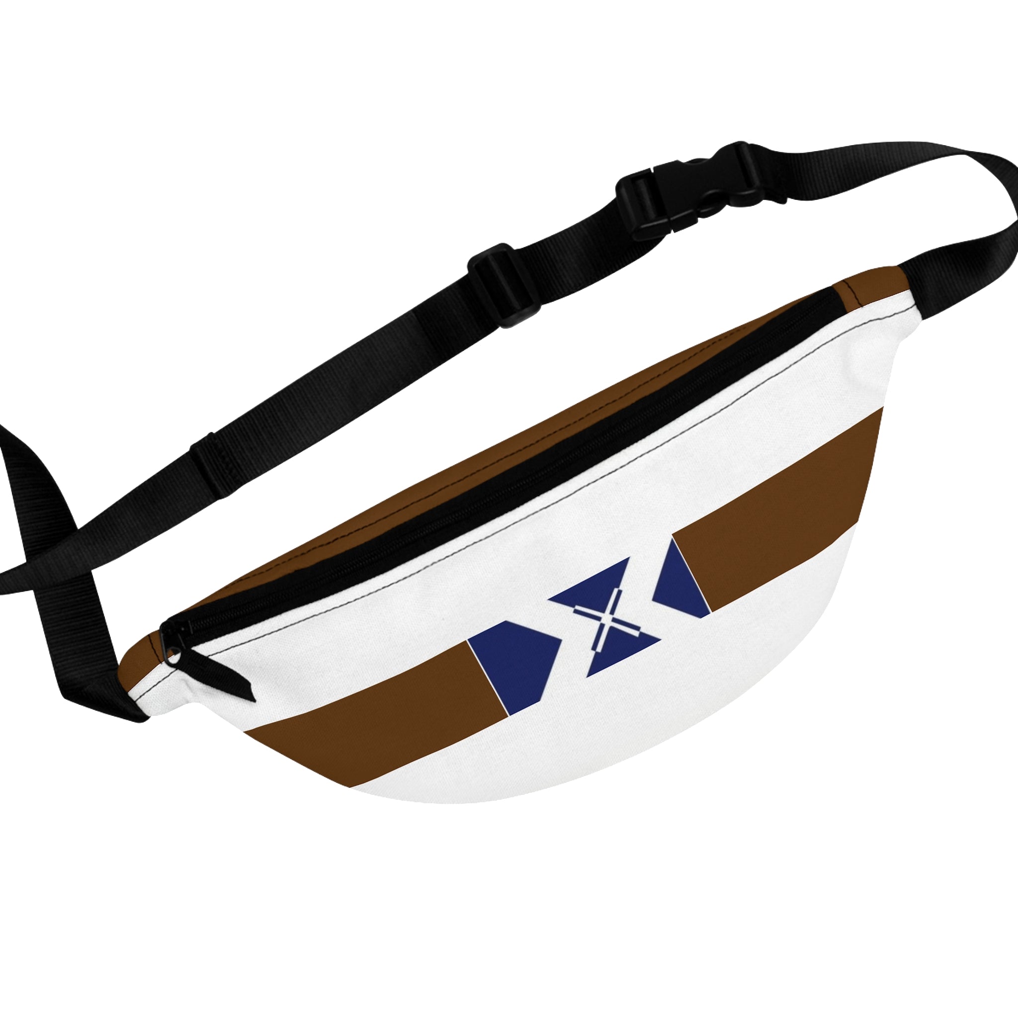 White & Brown Geometric Fanny Pack with Blue Accent — Minimalist Travel Belt Bag