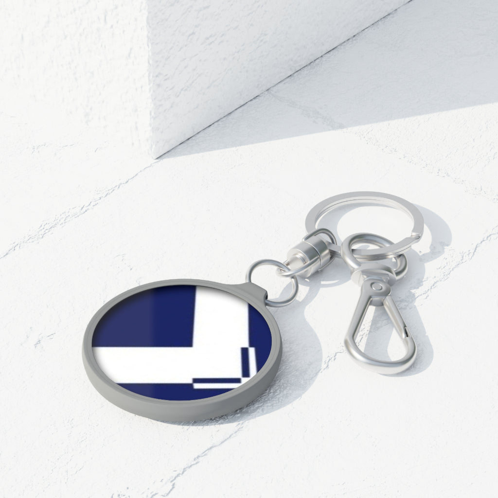 Chevron Blue Round Keyring Tag — Modern Geometric Keychain