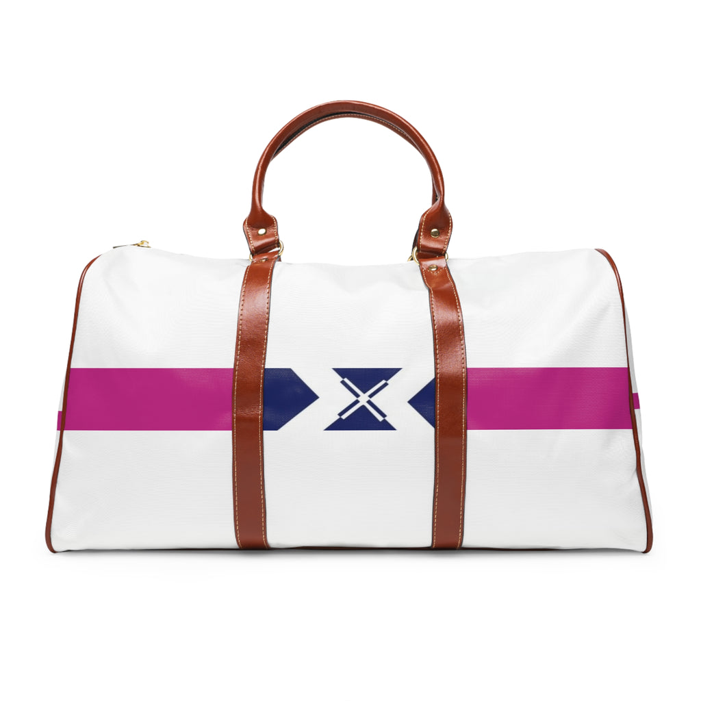 Waterproof Travel Bag — White Weekend Duffel with Magenta Stripe & Navy X Accent