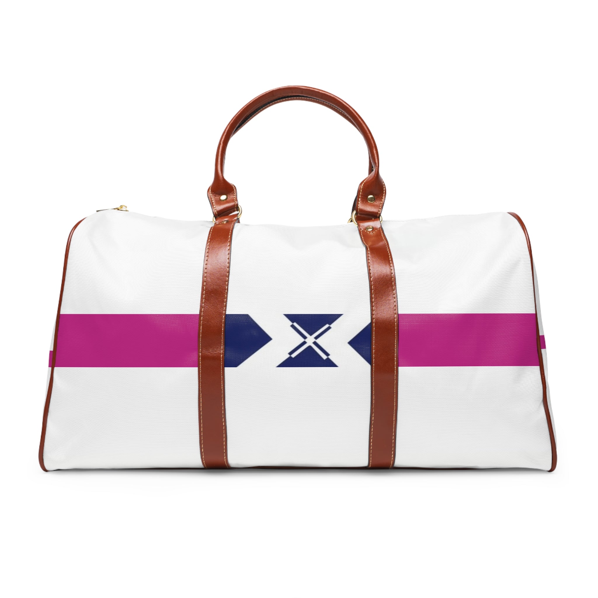 Waterproof Travel Bag — White Weekend Duffel with Magenta Stripe & Navy X Accent