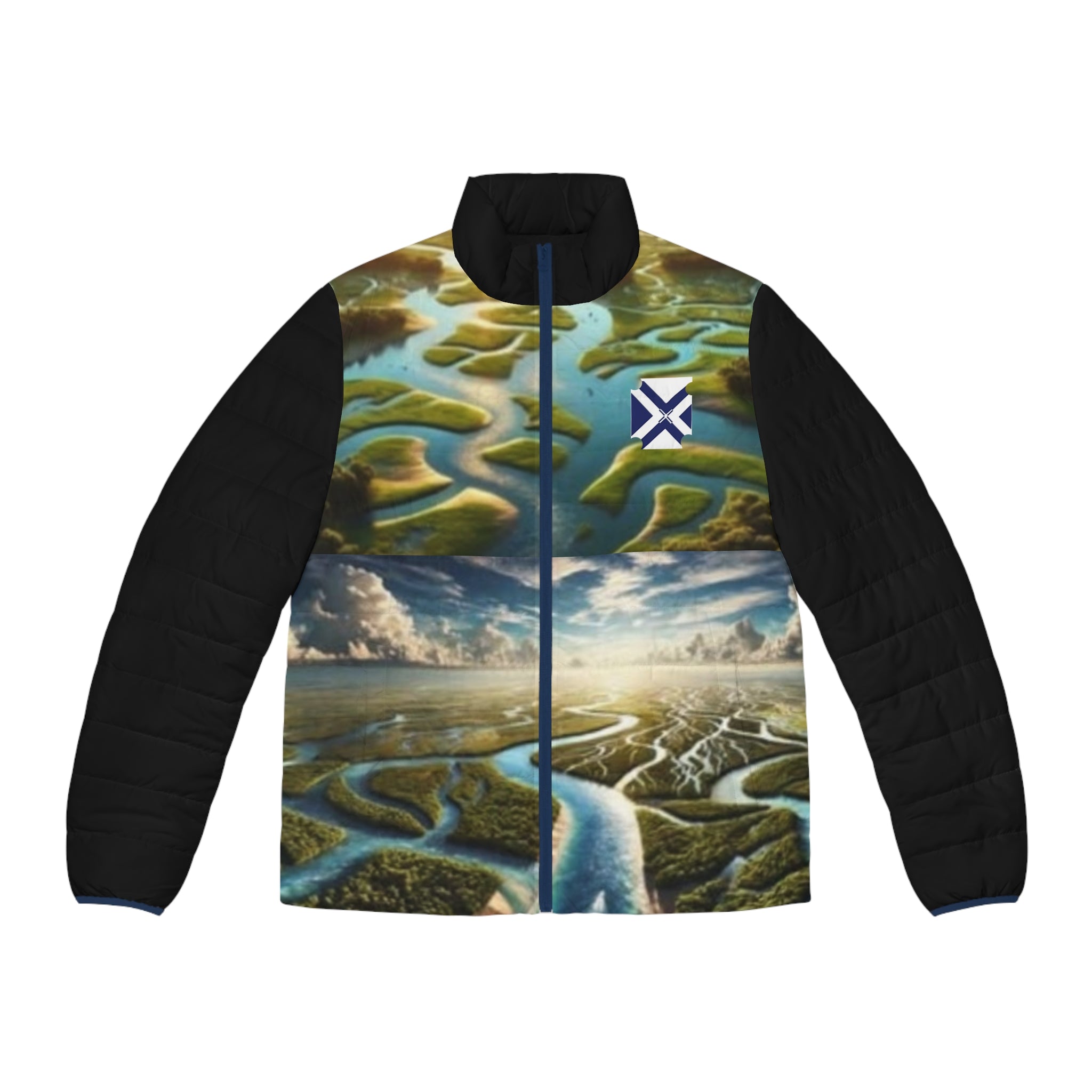 XT River Delta river Puffer Jacket — Scenic Aerial Landscape All-Over