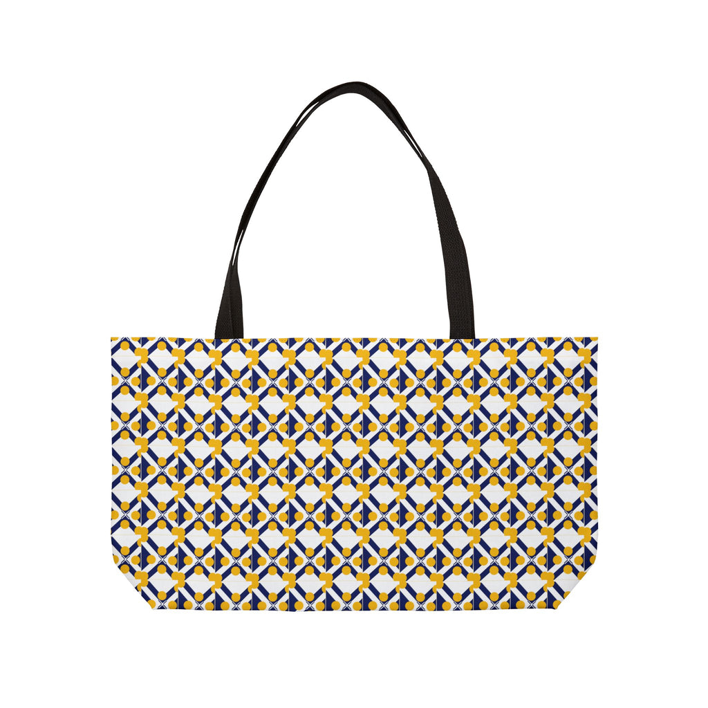 Geometric Tile Weekender Tote — Blue & Mustard Patterned Travel Bag