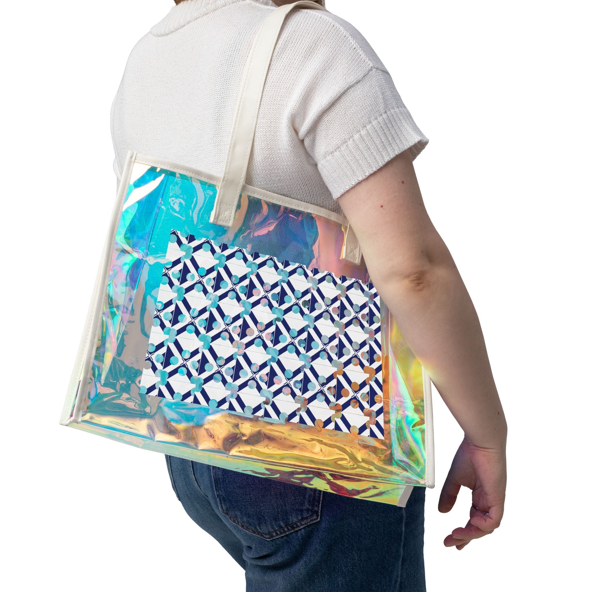 XT9 Holographic Beach Tote Bag — Iridescent Coastal Clear Carryall with Geometric Print