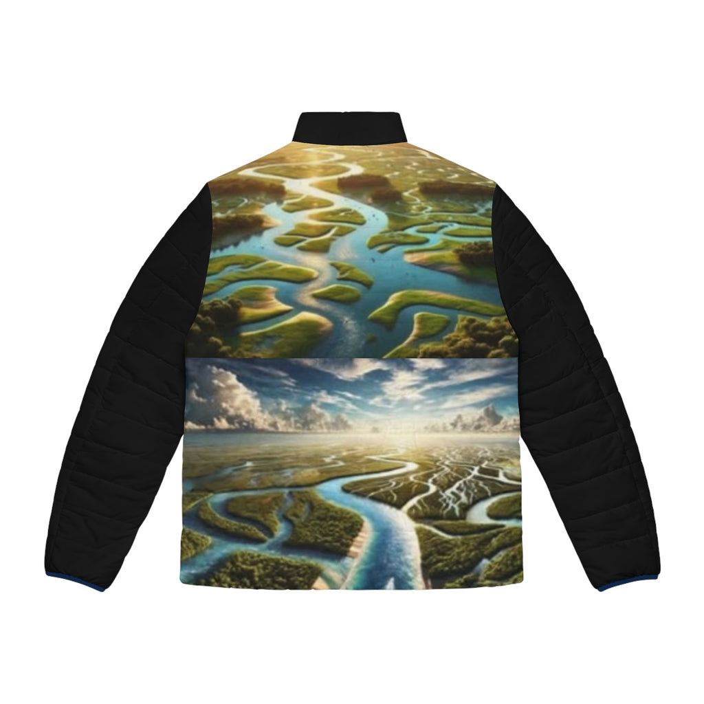 XT River Delta river Puffer Jacket — Scenic Aerial Landscape All-Over