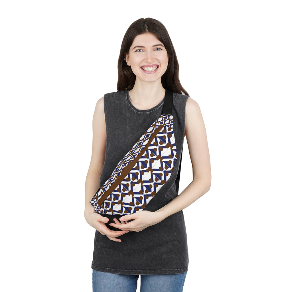 Geometric Tile Large Fanny Pack — Retro Blue & Brown Waist Bag