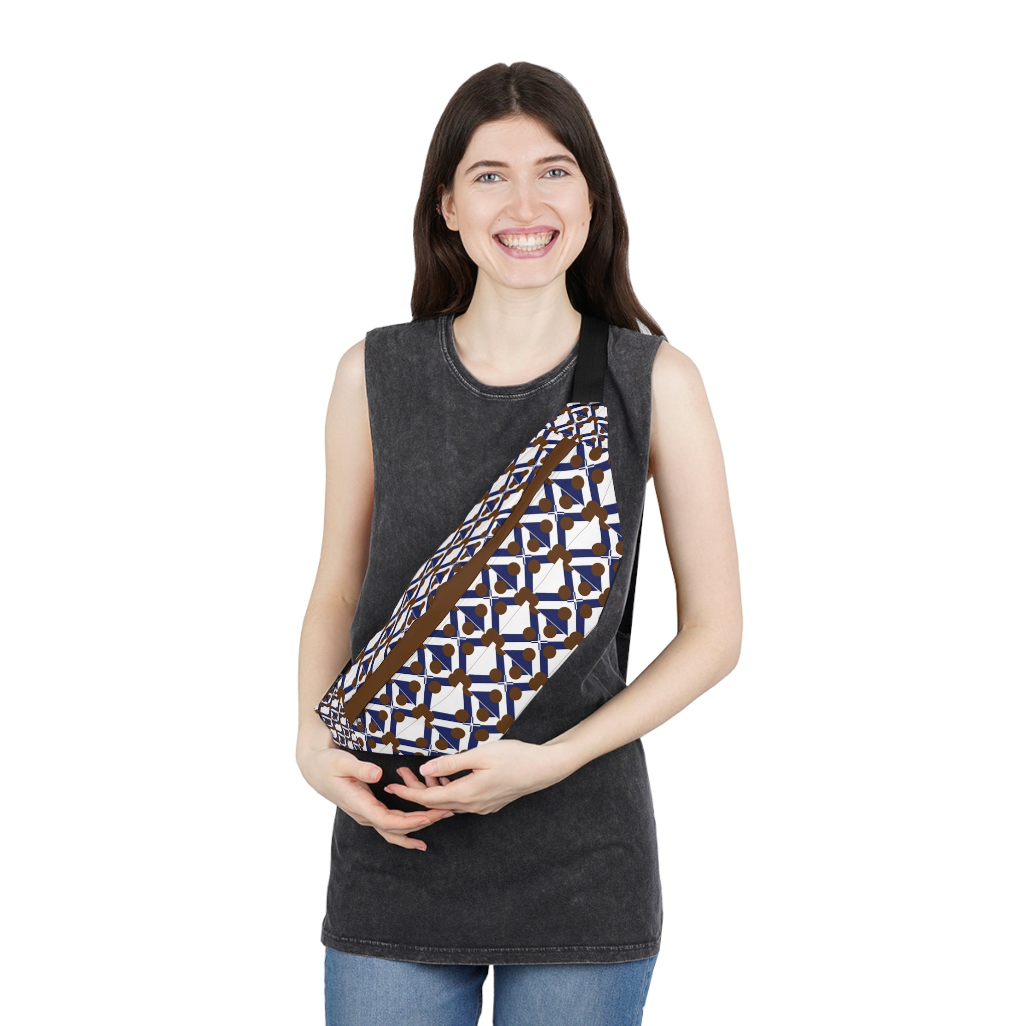 Geometric Tile Large Fanny Pack — Retro Blue & Brown Waist Bag