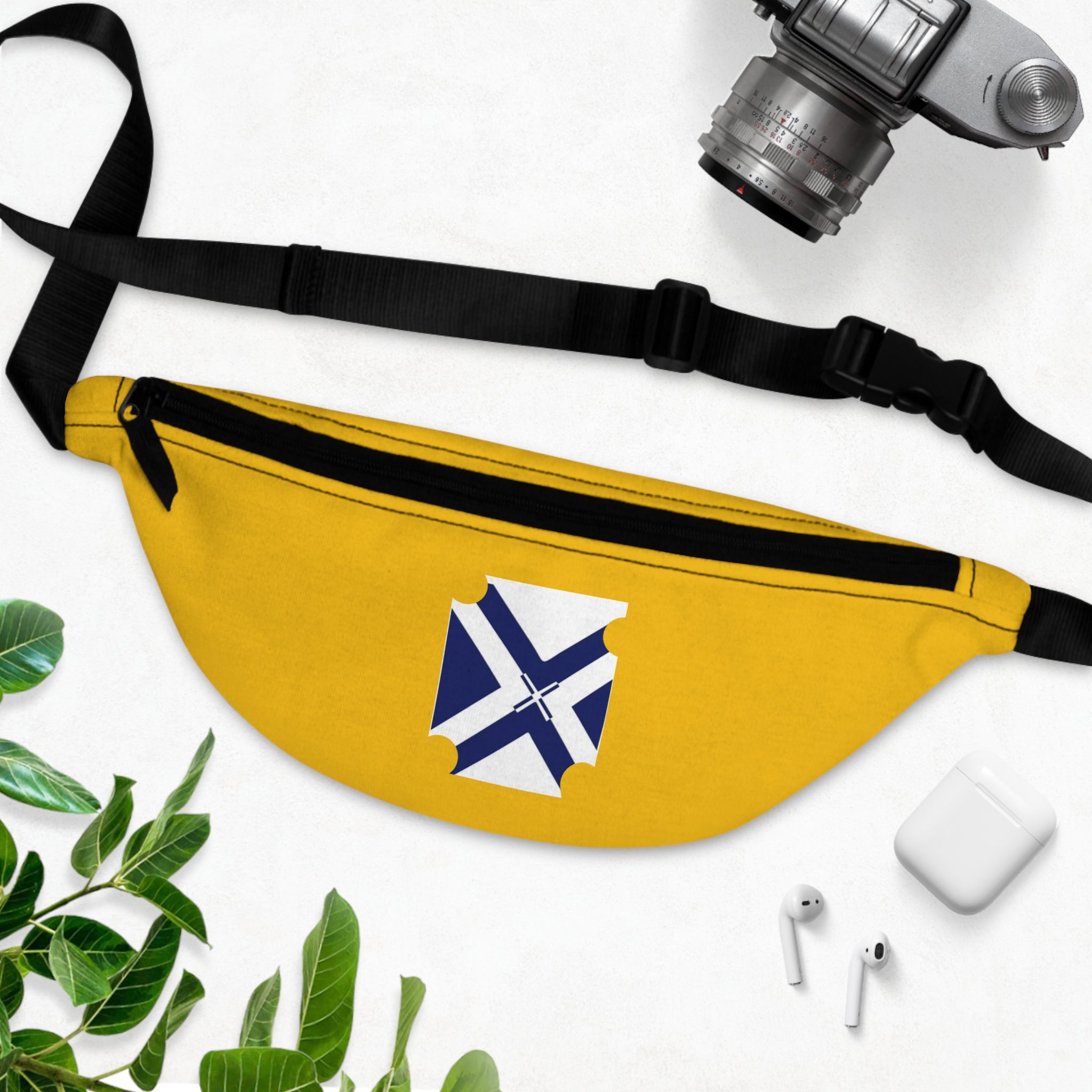 Yellow Fanny Pack with Blue White Nordic Cross Patch — Casual Travel Waist Bag